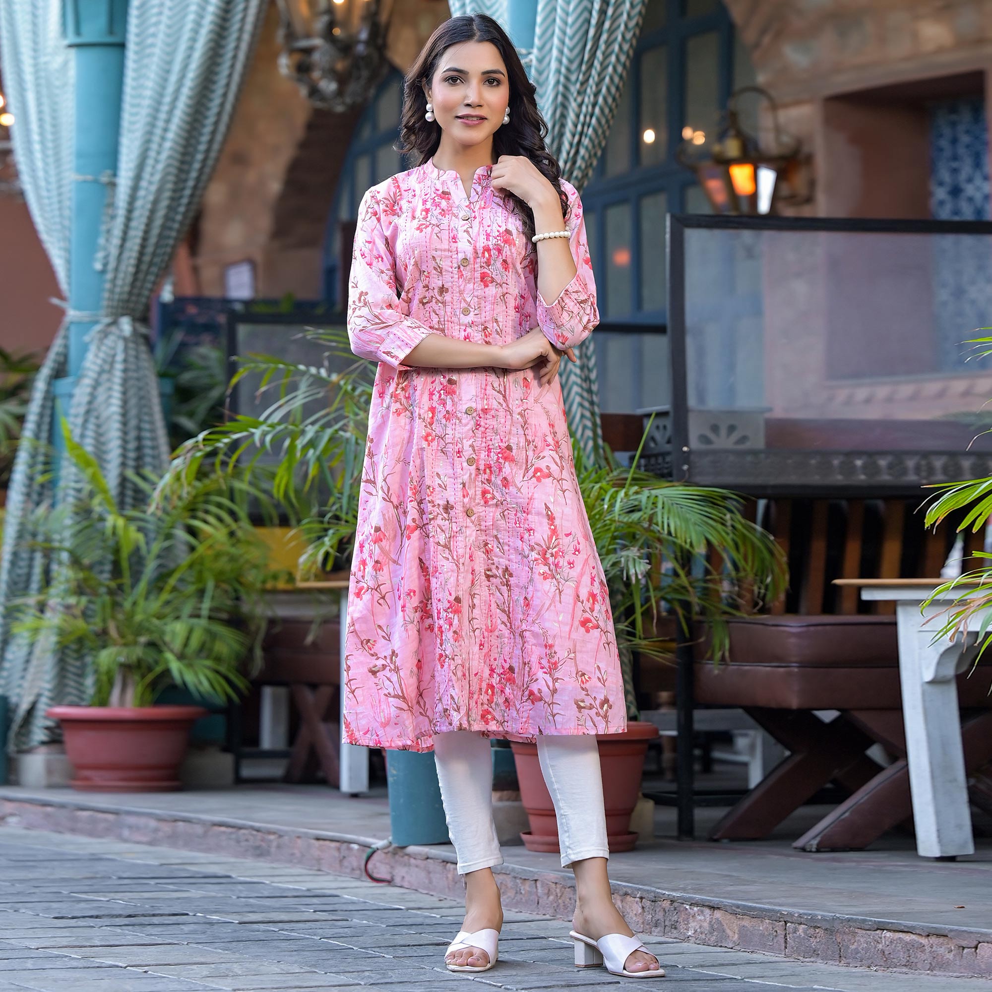 Peach Floral Foil Printed Pure Cotton Front Slit Kurti