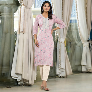 Peach Floral Printed Mul Mul Cotton Straight Kurti