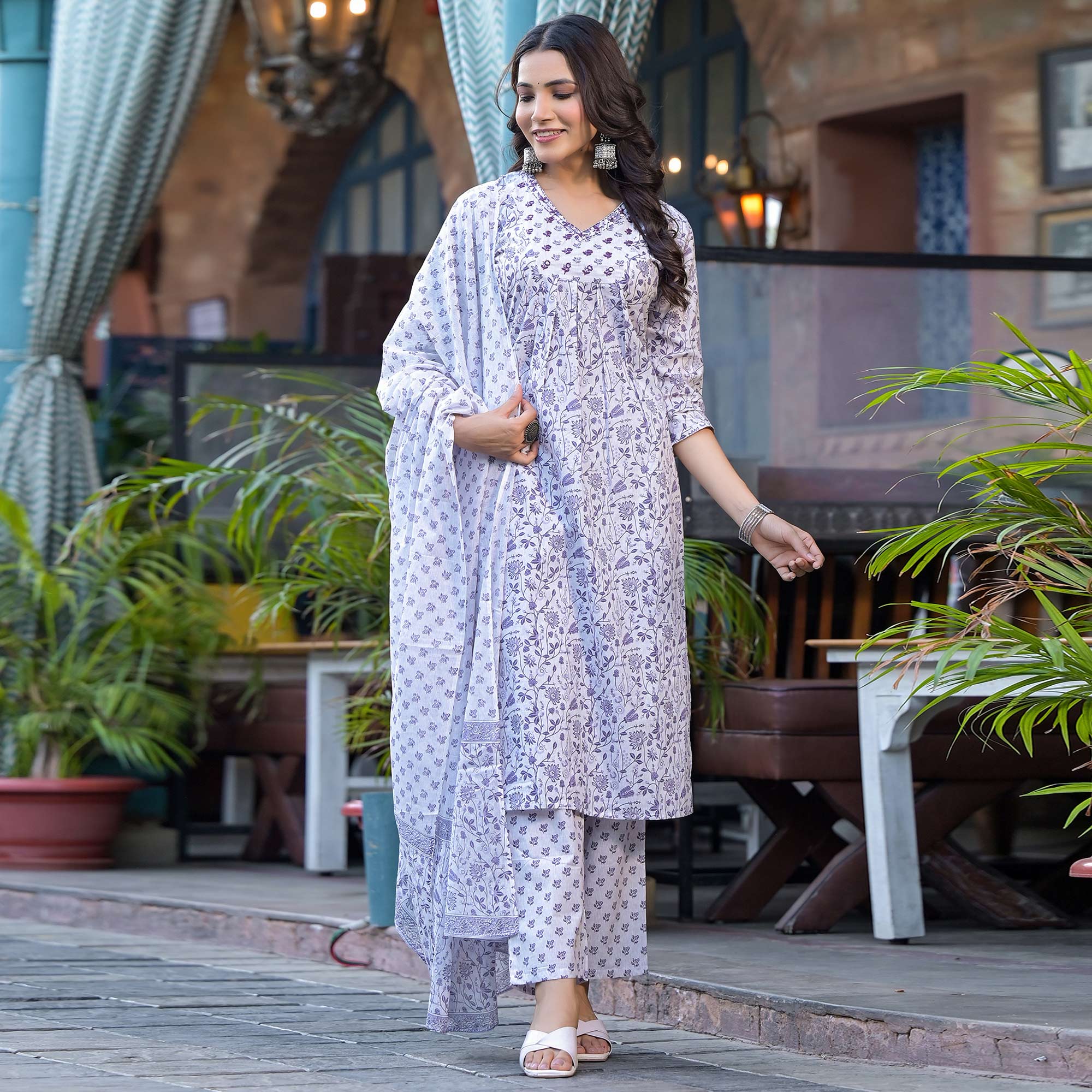 White Floral Printed Pure Cotton Straight Salwar Suit