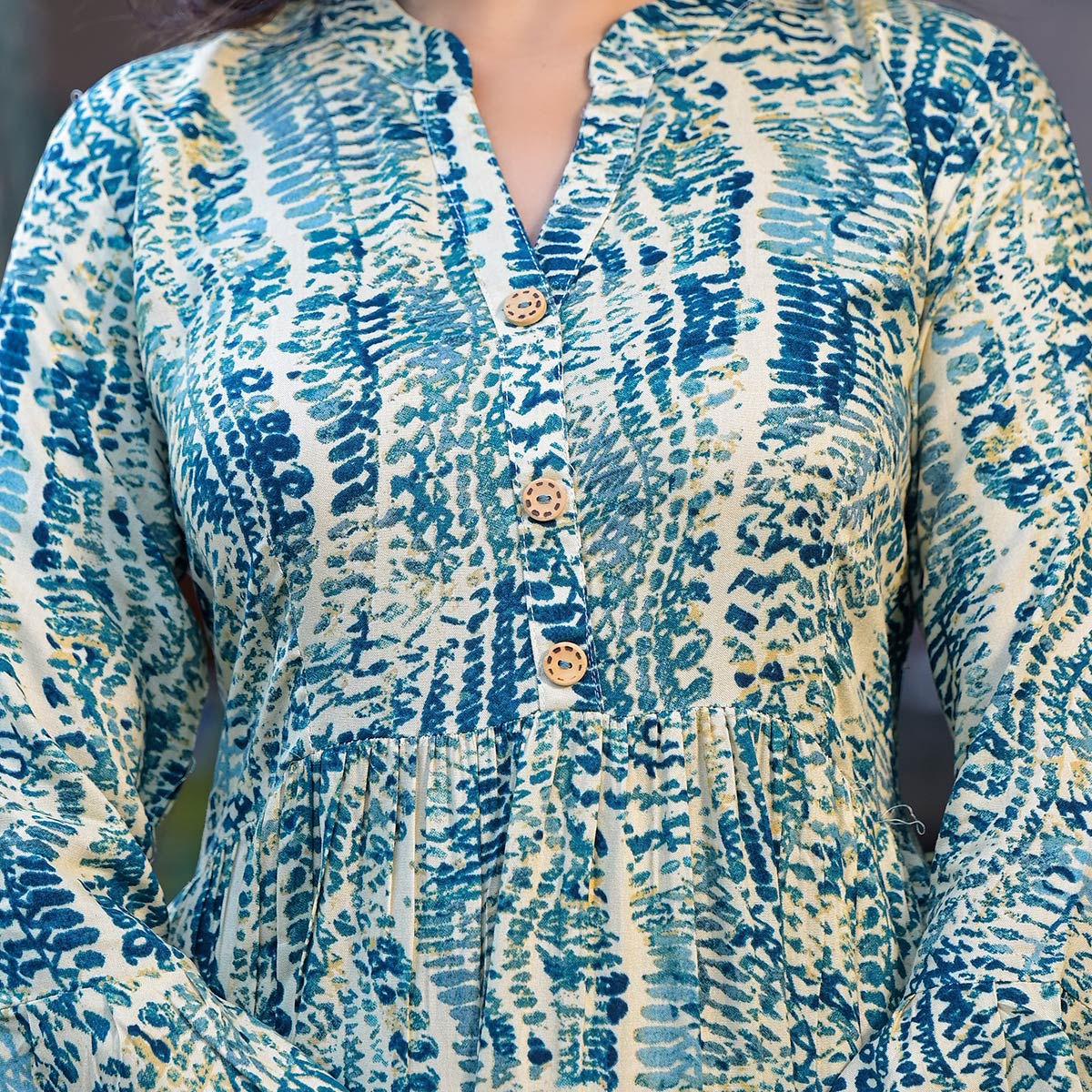 Morpich Blue Printed Rayon Anarkali Dress