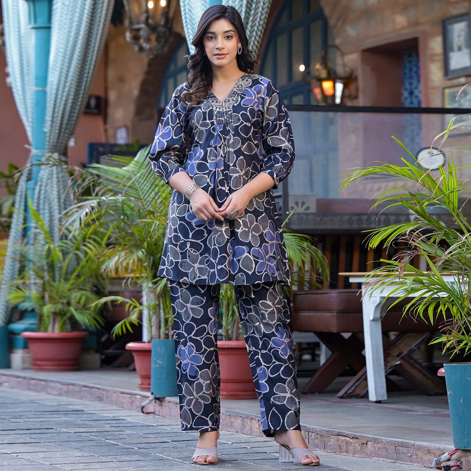 Denim Blue Floral Printed Chanderi Silk Co-Ord Set