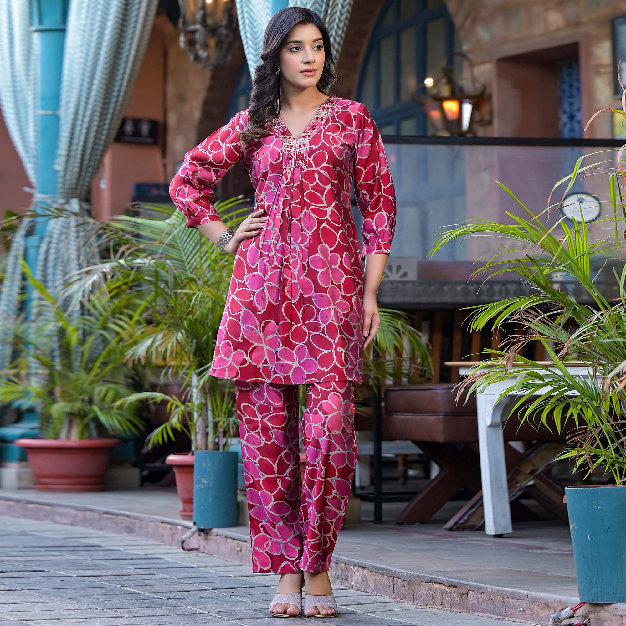 Red Floral Printed Chanderi Silk Co-Ord Set