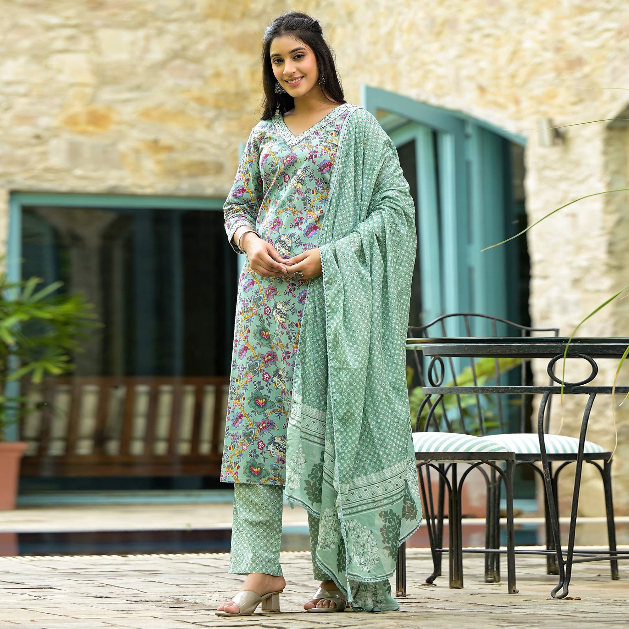 Sea Green Floral Printed With Embroidery Pure Cotton Straight Salwar Suit