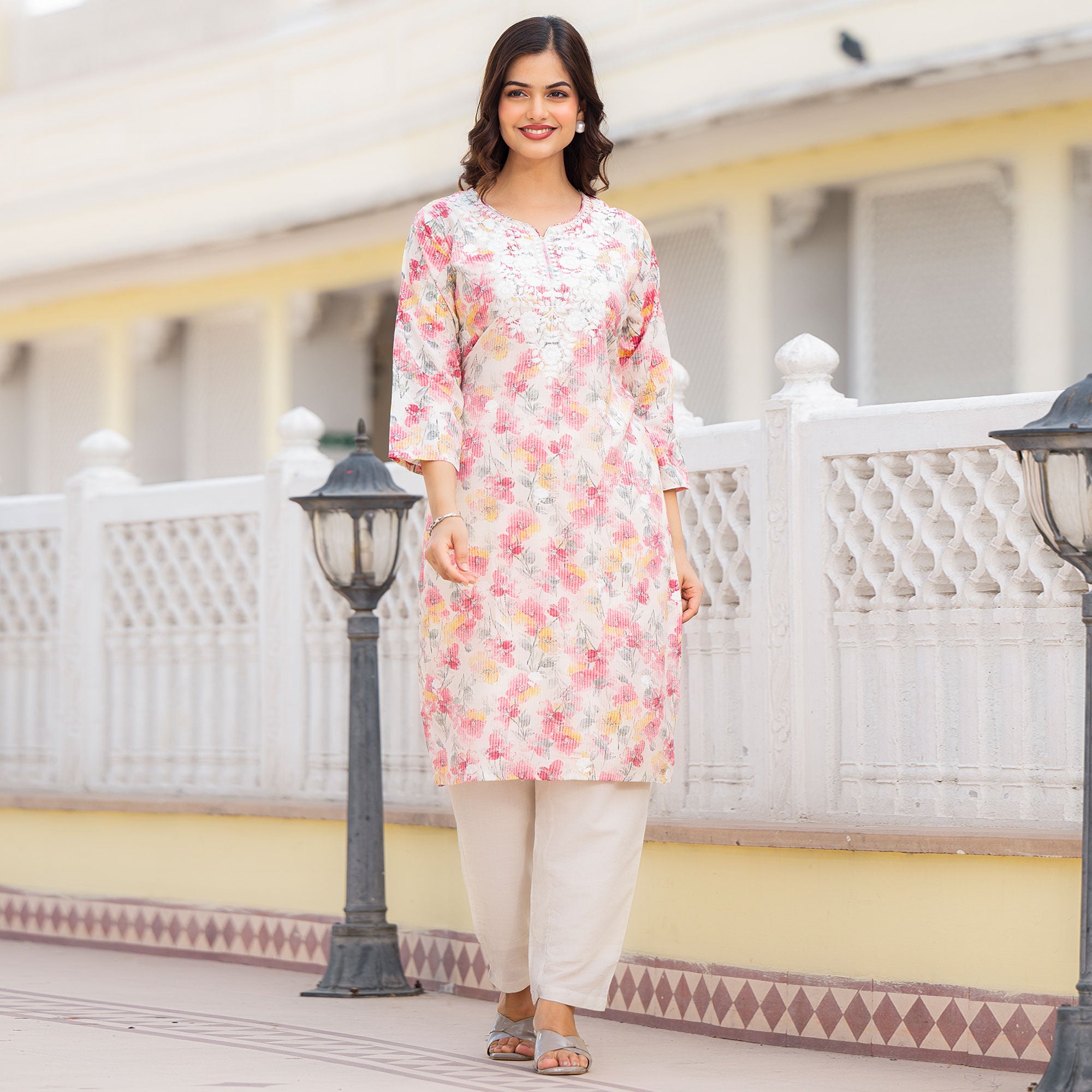 Cream & Pink Floral Printed Rayon Straight Kurti