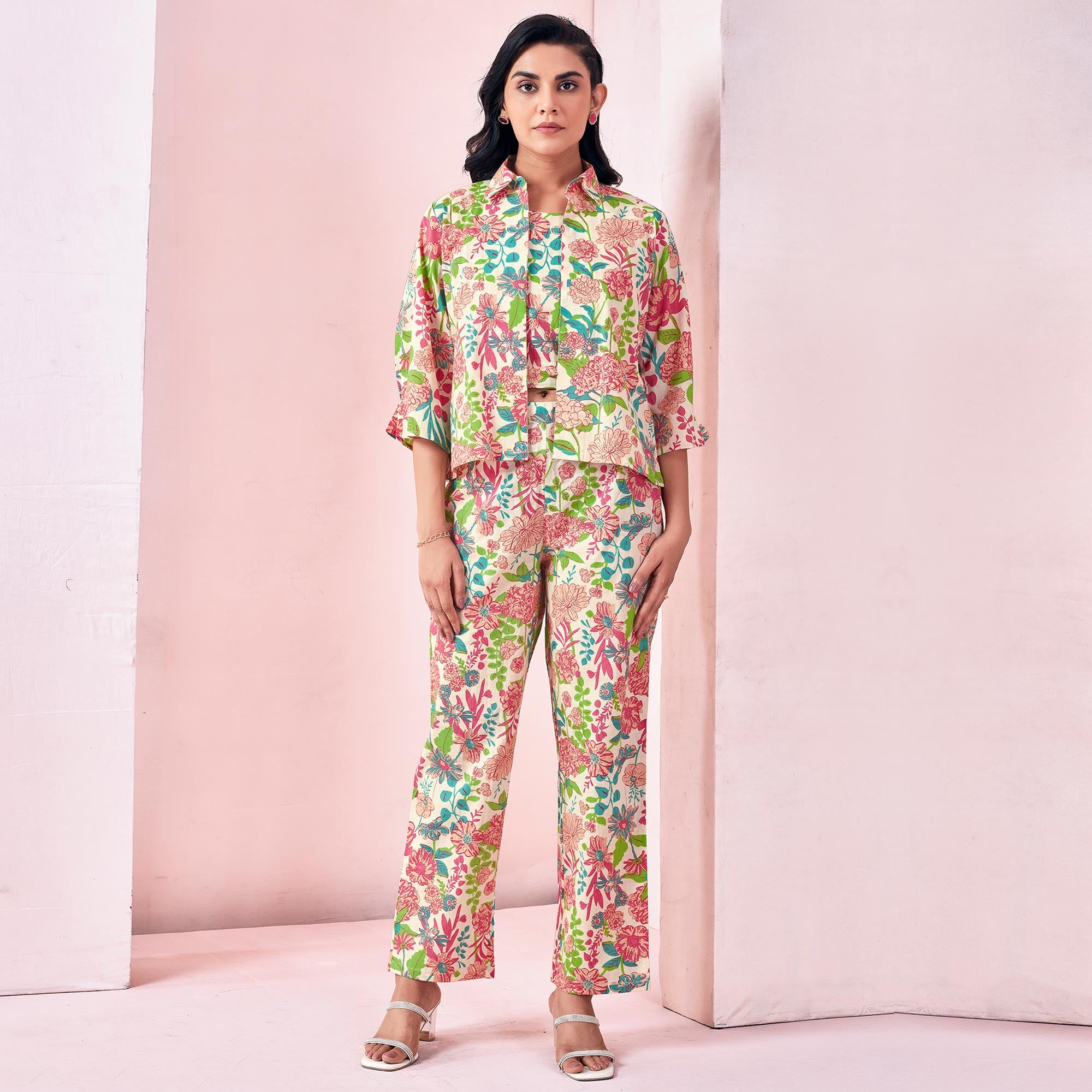 White Floral Printed Pure Cotton Co-ord Set With Jacket