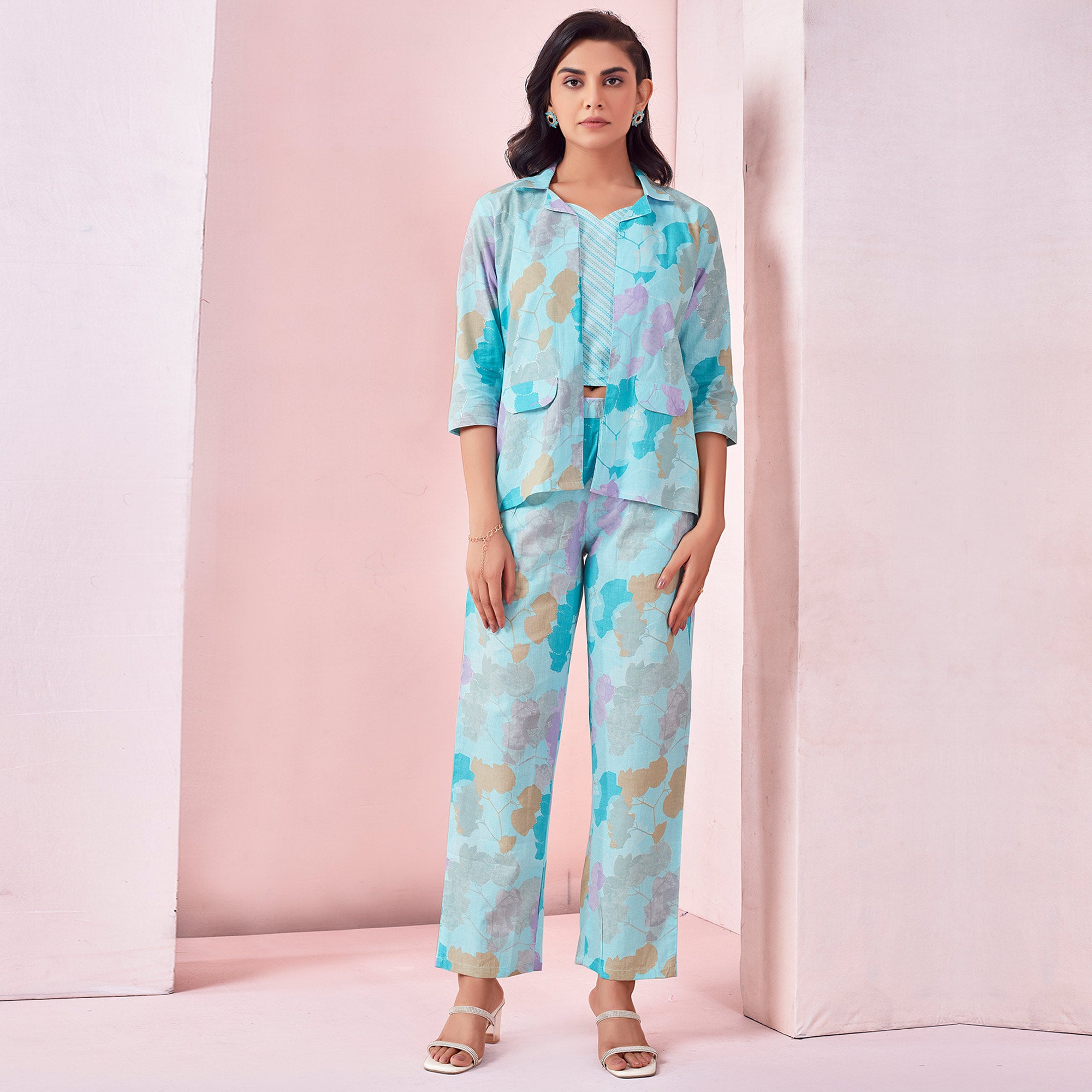 Sky Blue Floral Printed Pure Cotton Co-ord Set With Jacket