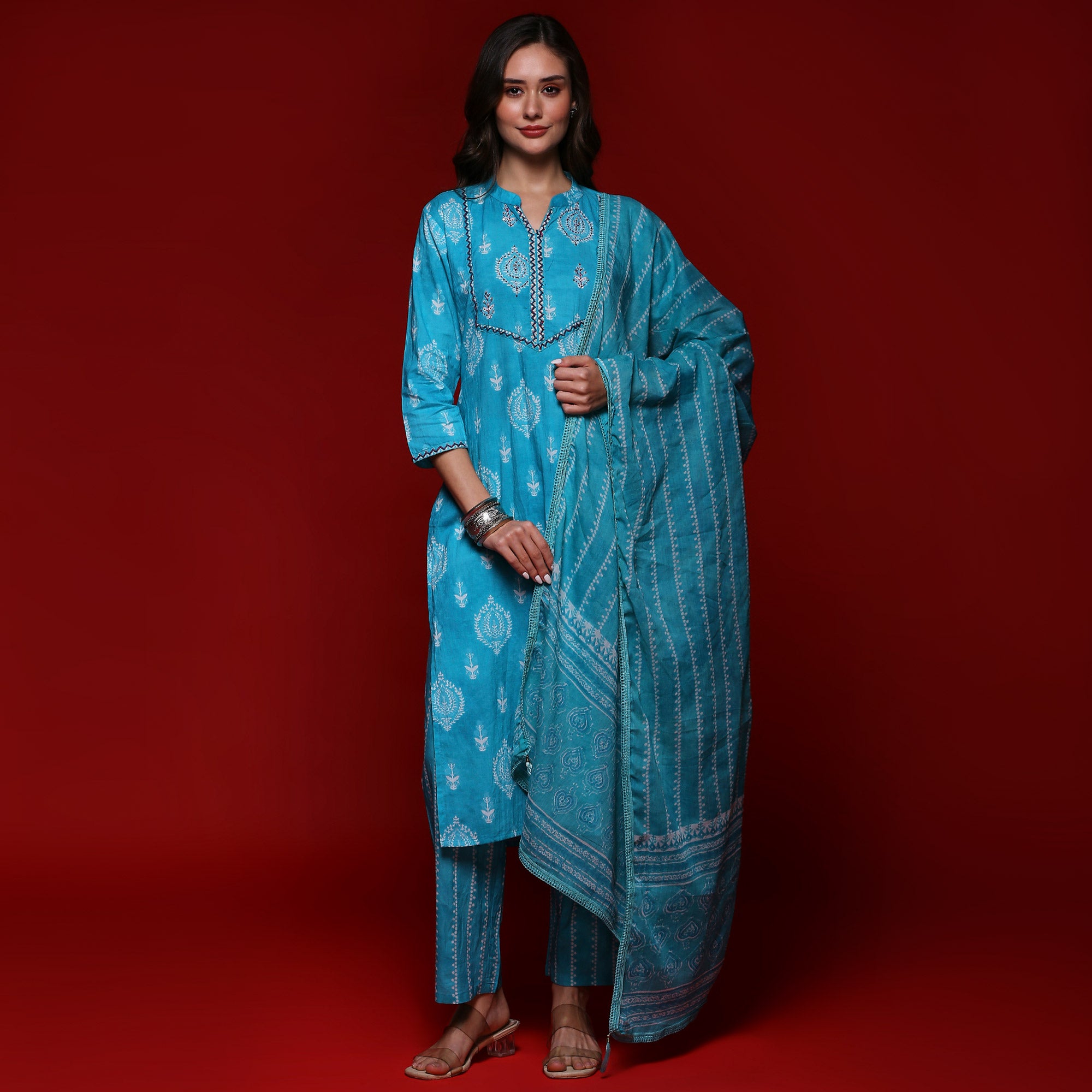 Turquoise Printed Pure Cotton Straight Salwar Suit