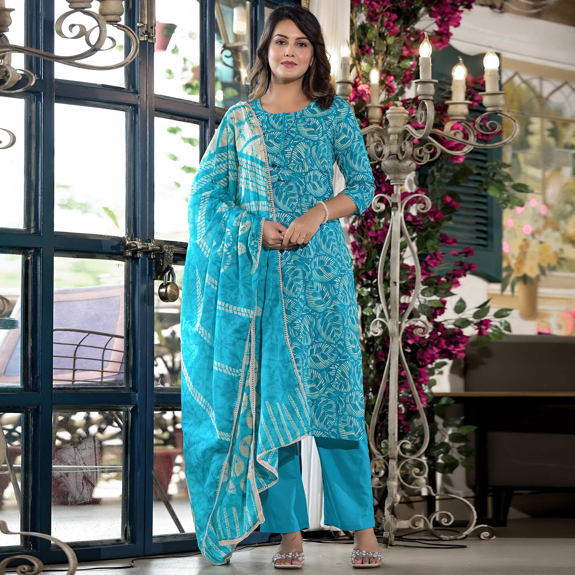 Sky Blue Floral Printed Pure Cotton Straight Salwar Suit