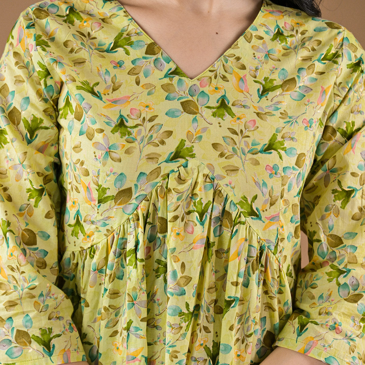 Green Floral Printed Pure Cotton A-Line Top