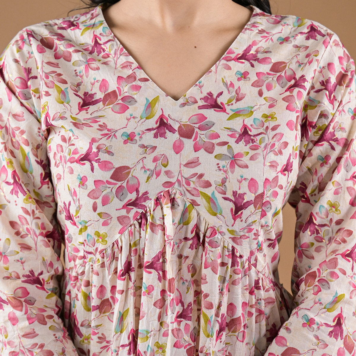 Wine Floral Printed Pure Cotton A-Line Top