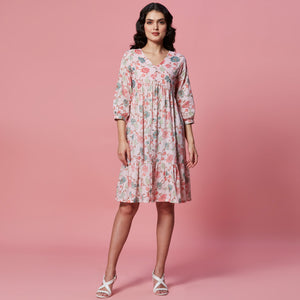 Peach Floral Printed Pure Cotton Dress
