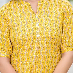 Yellow Foil Printed Pure Cotton A-Line Top