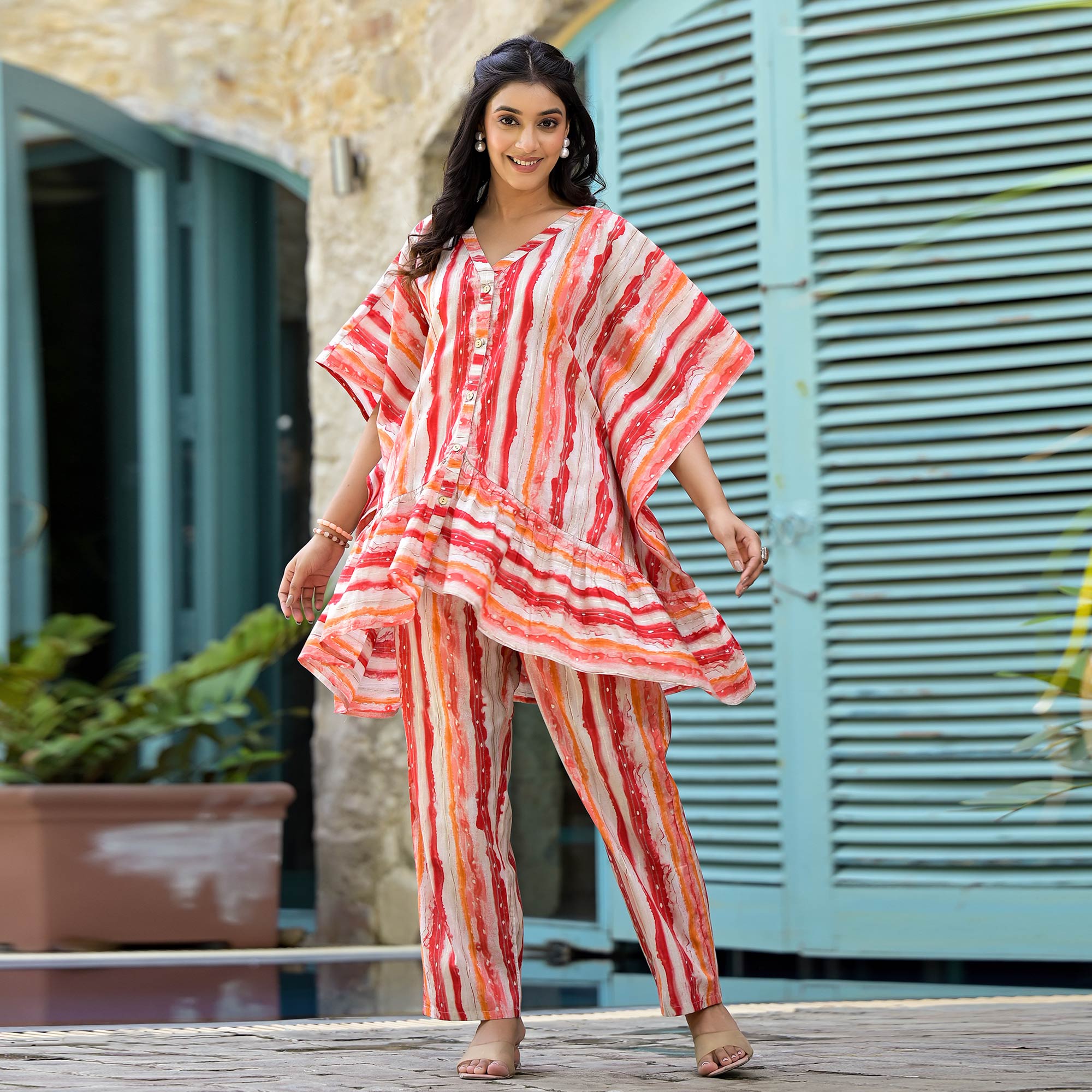 Red Foil Printed Cambric Cotton Kaftan Style Co-Ord Set