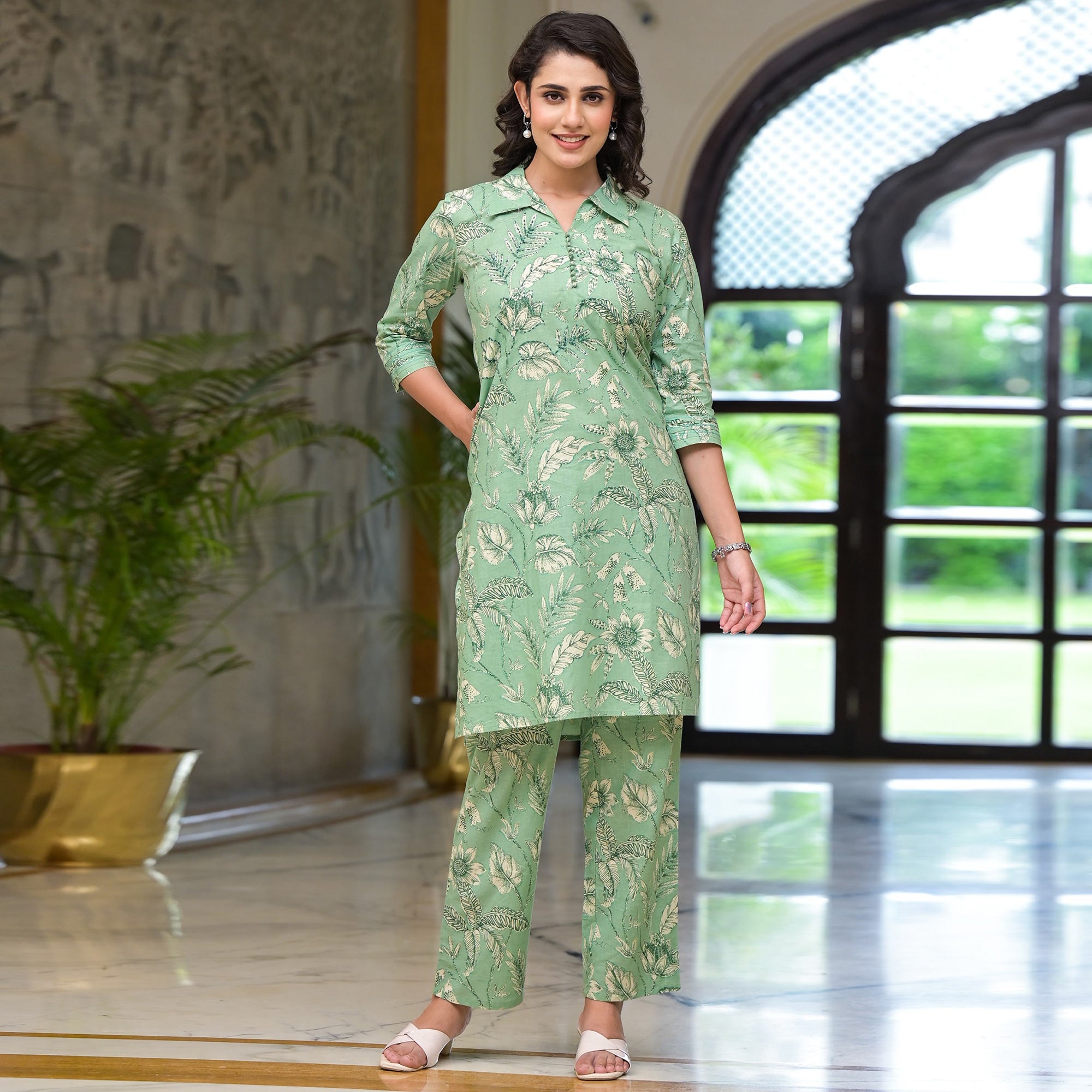 Green Floral Printed Pure Cotton Co-ord Set