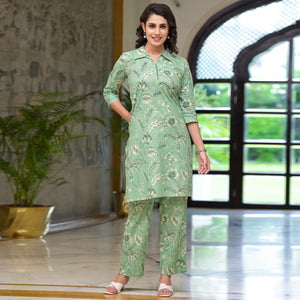 Green Floral Printed Pure Cotton Co-ord Set