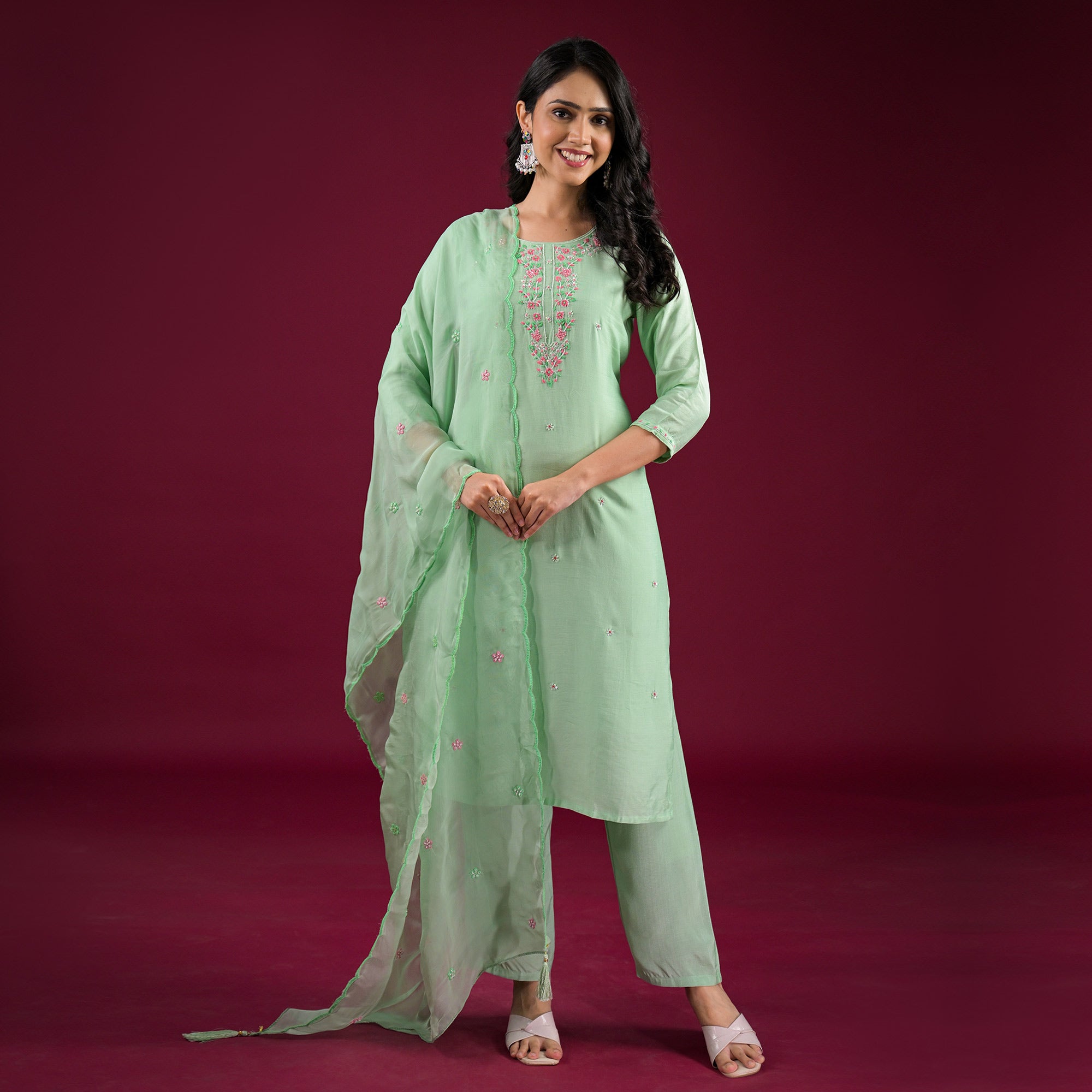 Pista Green Embroidered Muslin Straight Salwar Suit