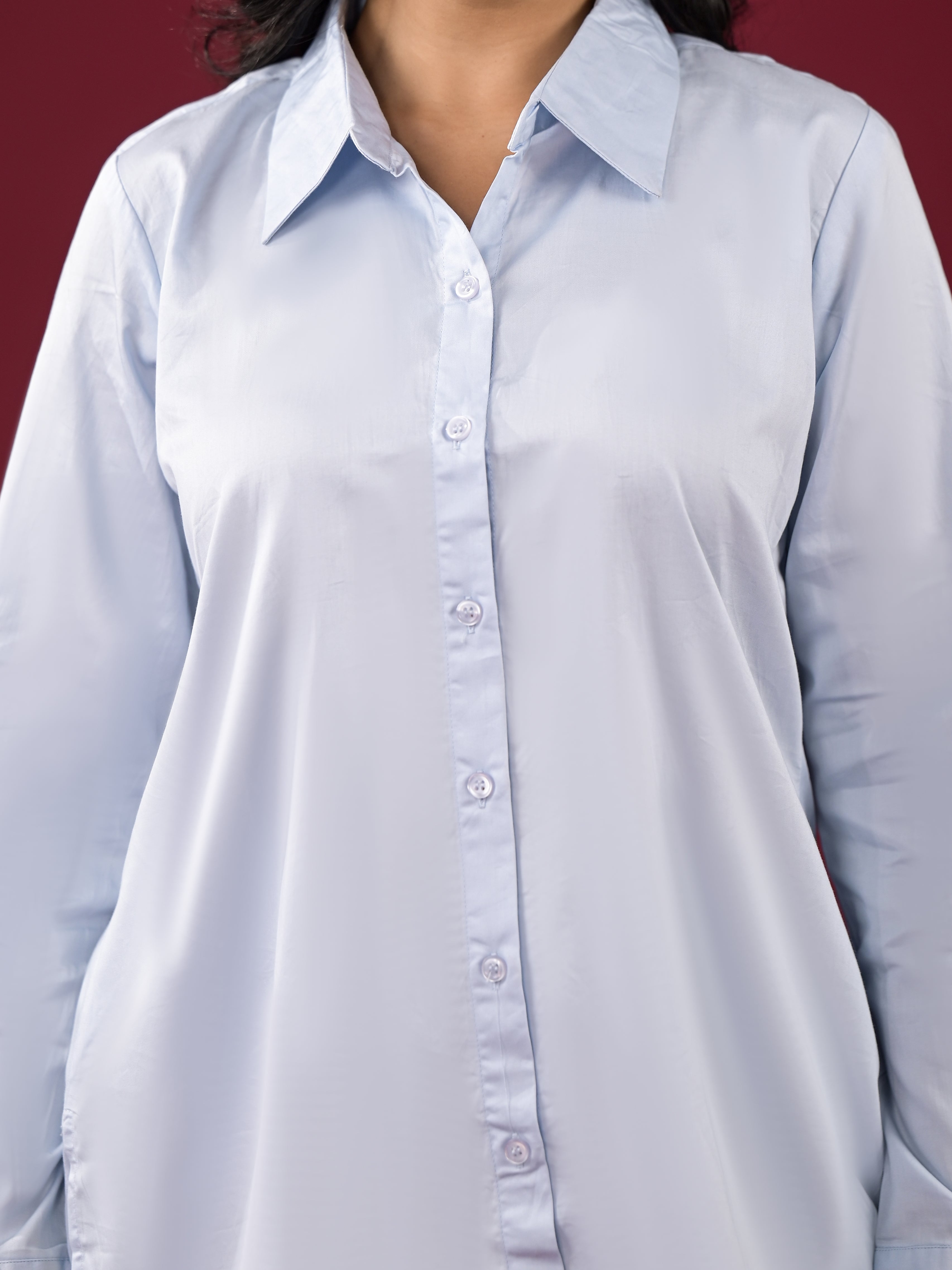 Light Blue Solid Satin High-Low Shirt