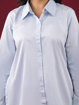 Light Blue Solid Satin High-Low Shirt