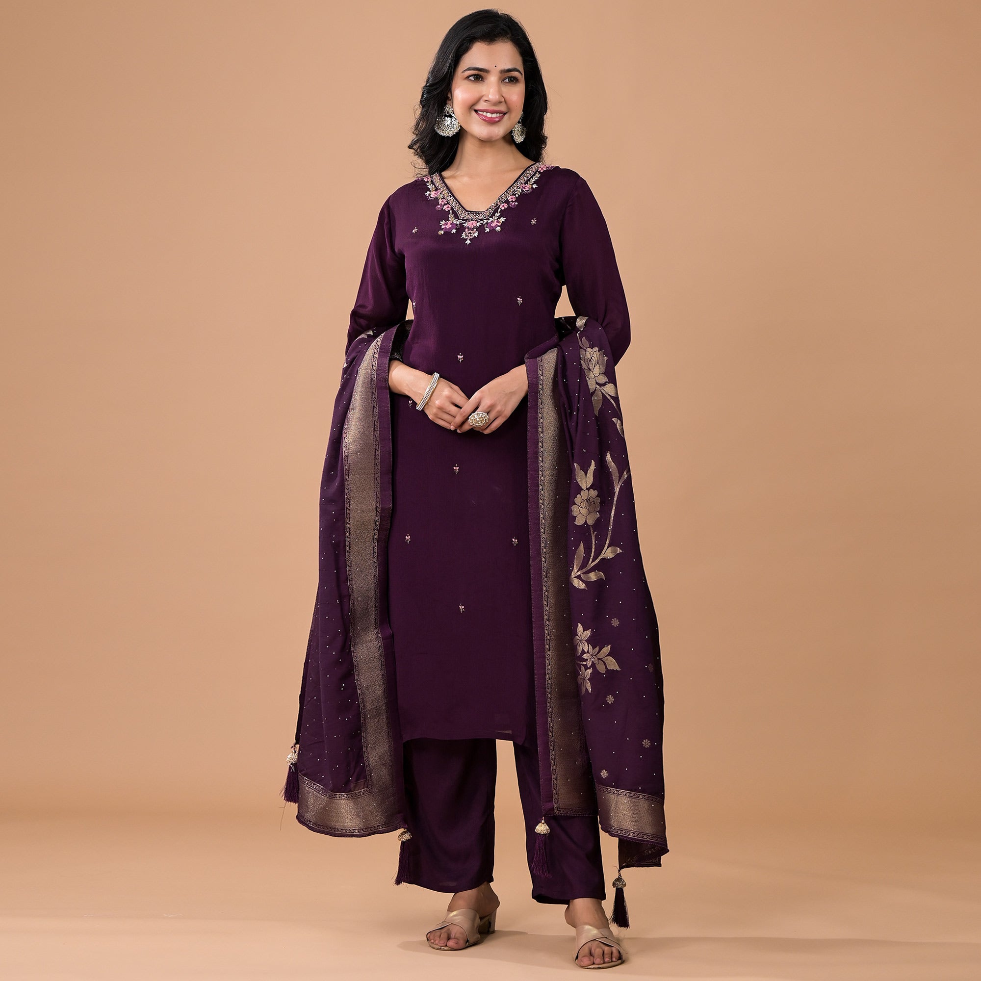 Purple Embroiderd Chinon Straight Salwar Suit