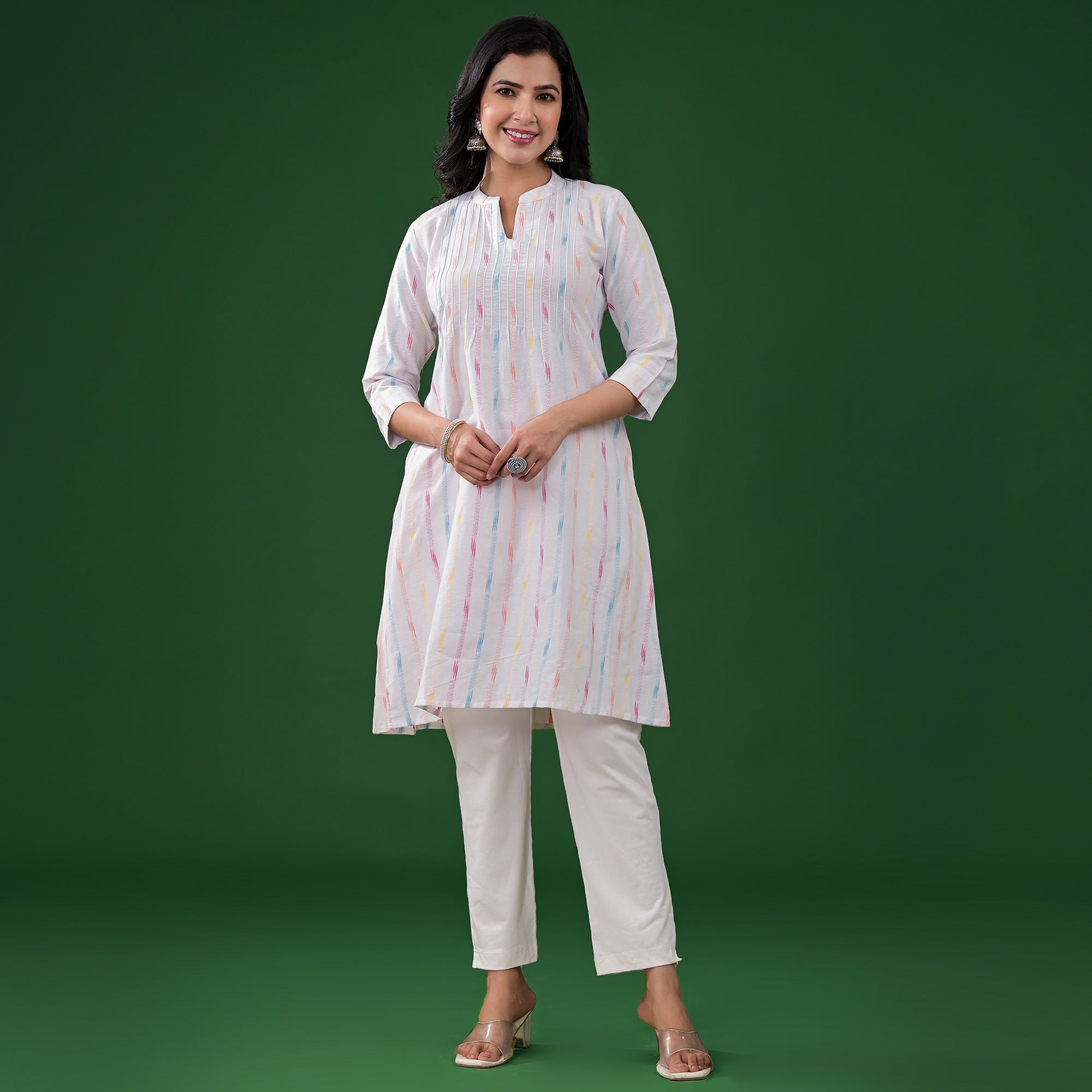 White Printed Pure Cotton A-Line Kurti
