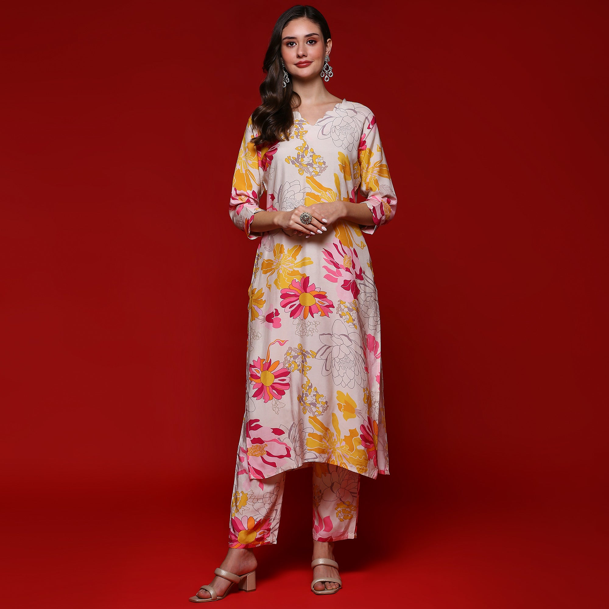 Off White Floral Printed Muslin Co-Ord Set