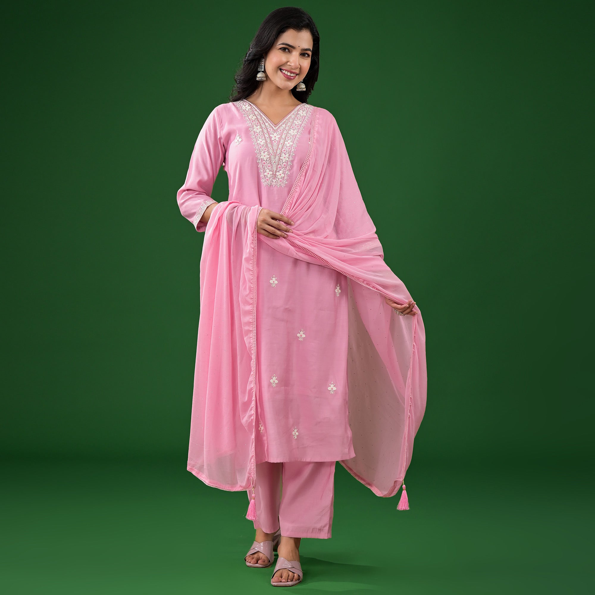 Pink Floral Embroidered Pure Silk Straight Salwar Suit