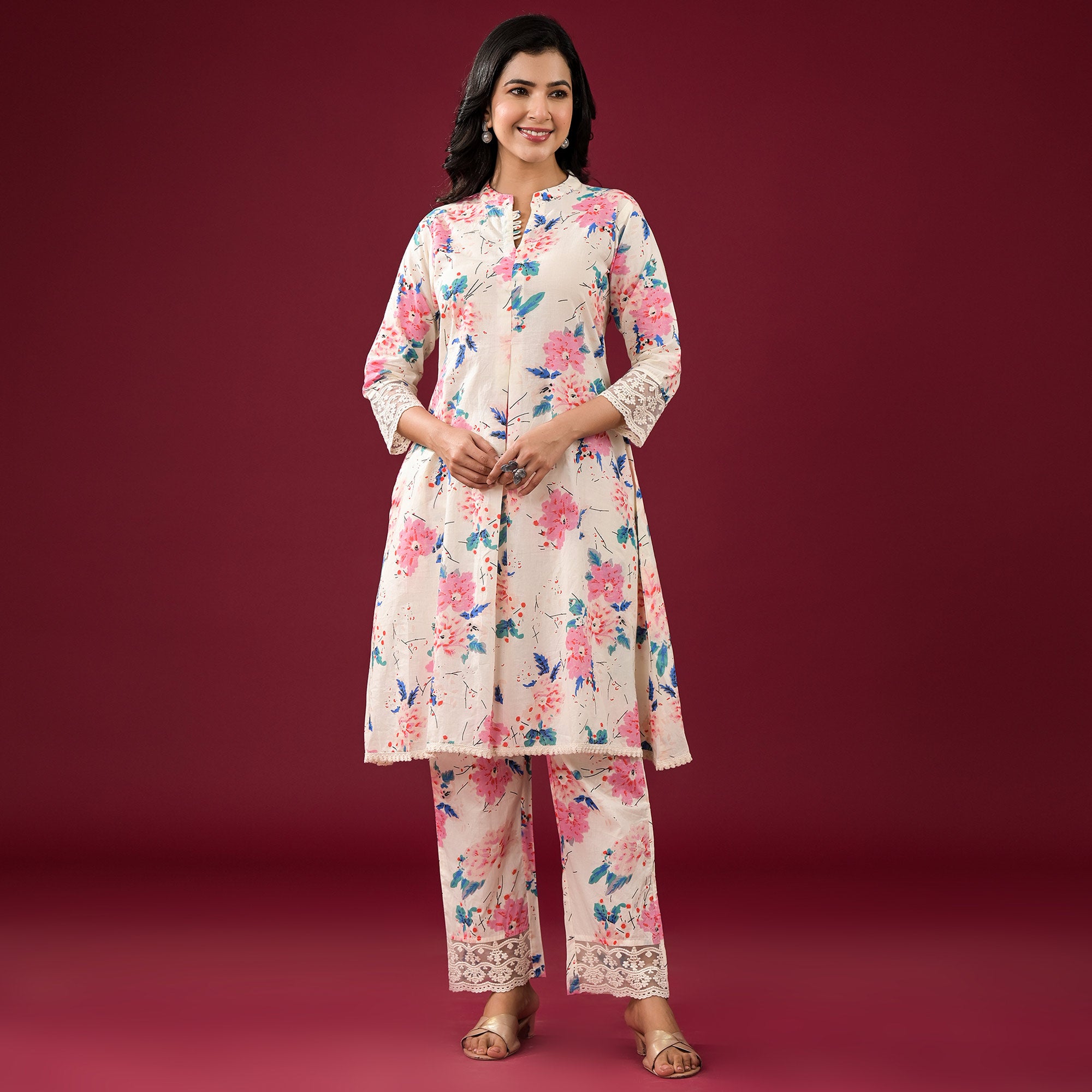 Off White Floral Printed Pure Cotton Co-Ord Set