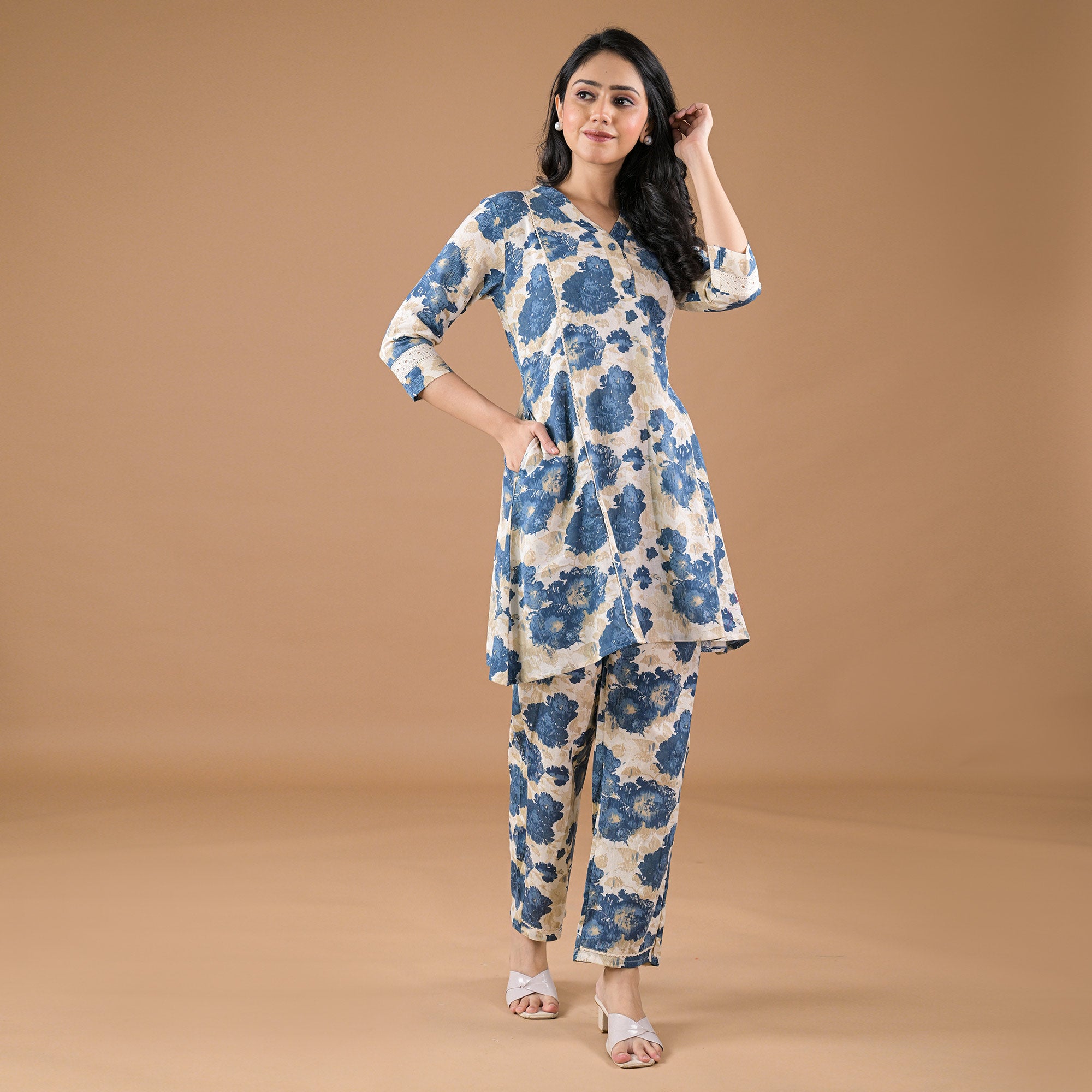 Blue Floral Printed Pure Cotton Co-Ord Set