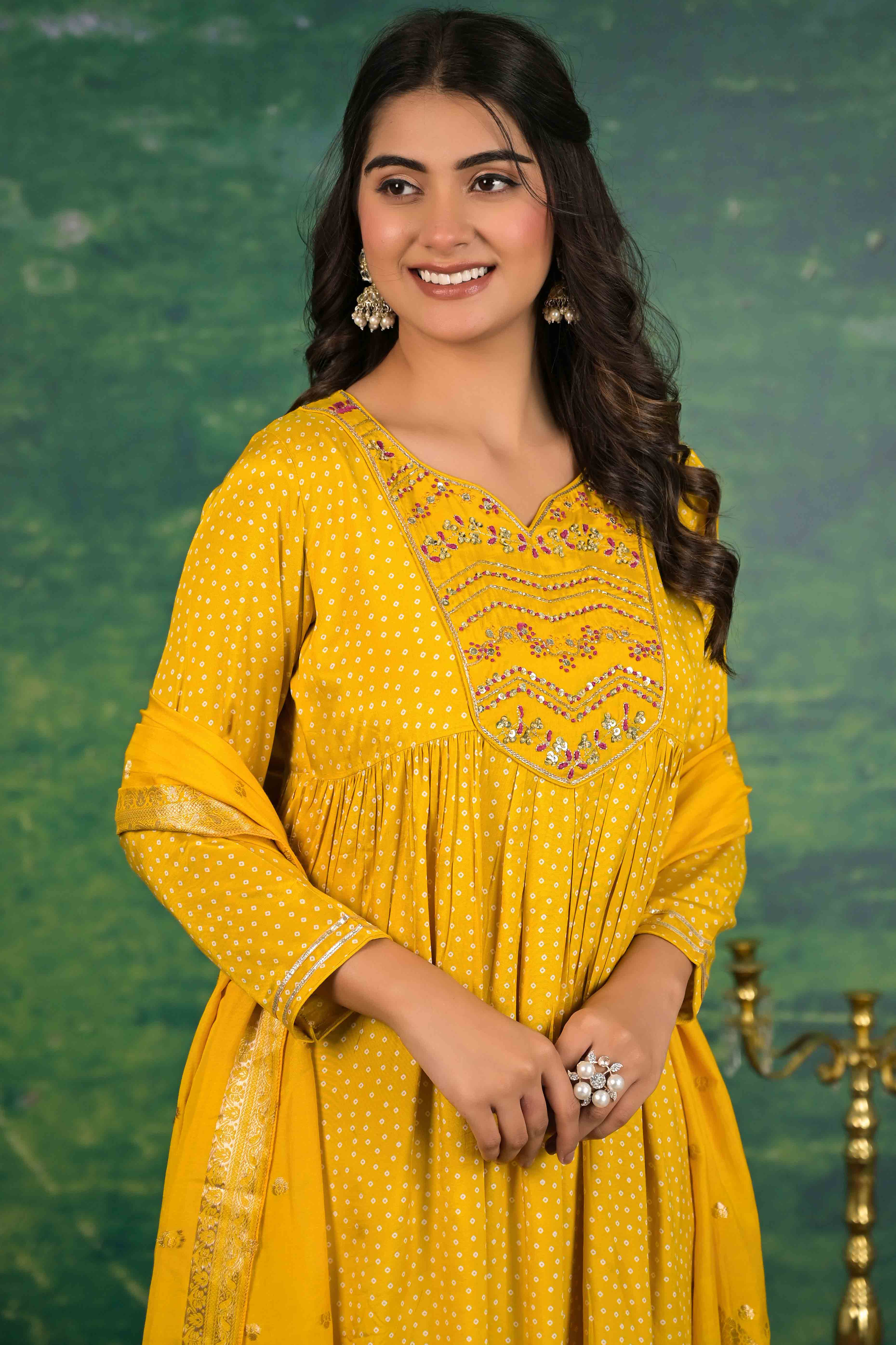 Mustard Yoke Embroidered Anarkali Muslin Salwar Suit