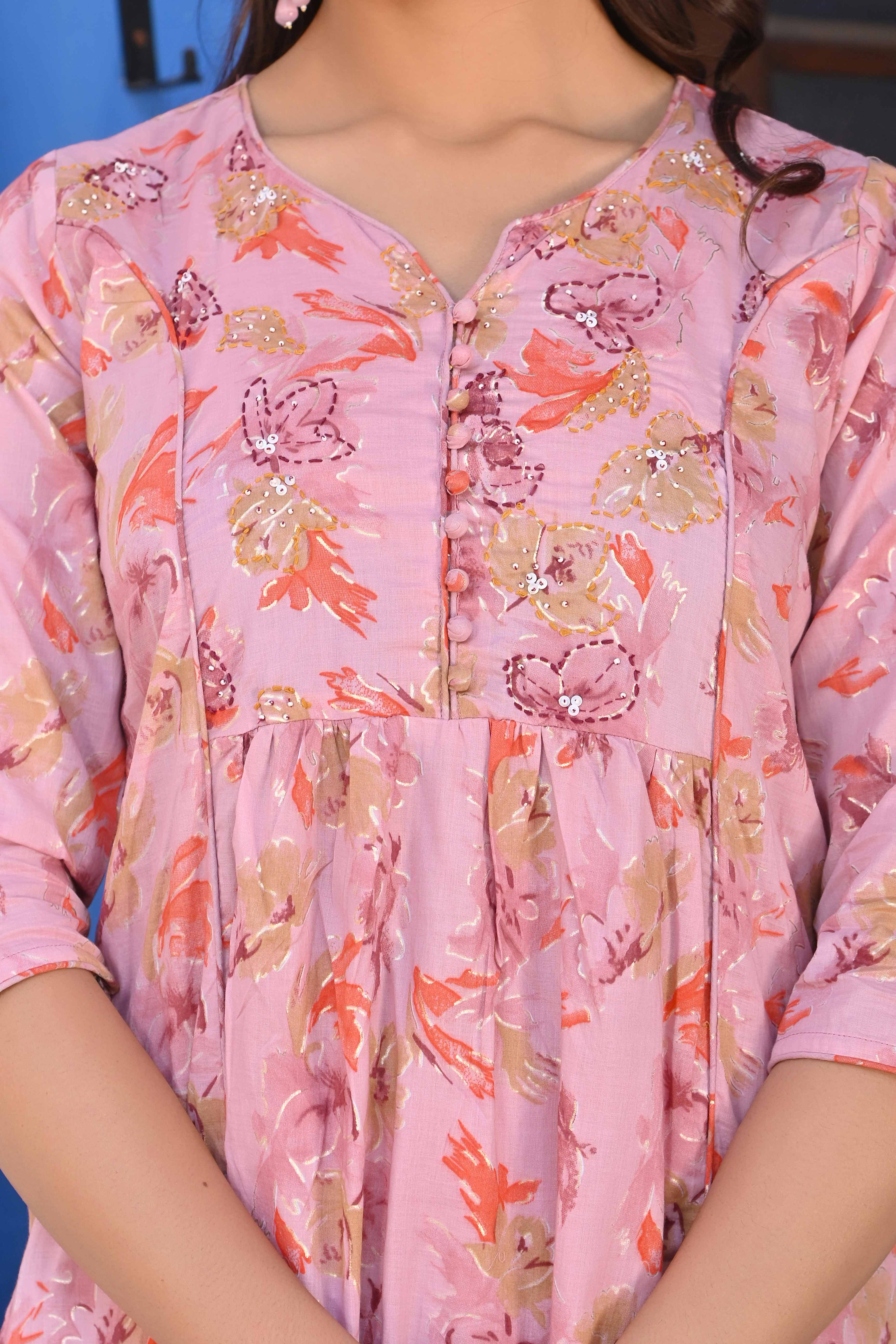 Peach Floral Printed Pure Cotton Salwar Suit With Handwork