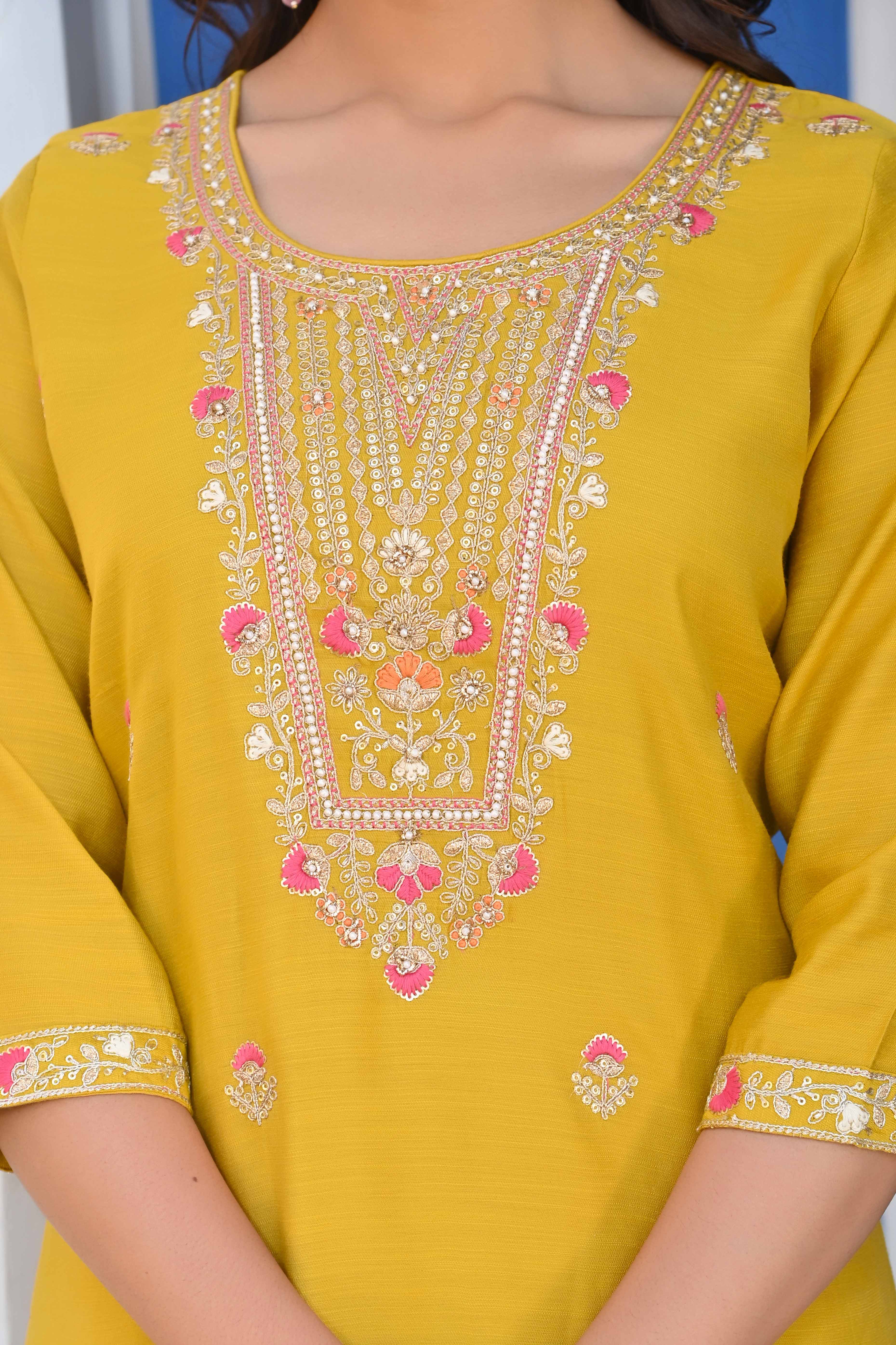 Mustard Handwork Embroidered Viscose Straight Salwar Suit
