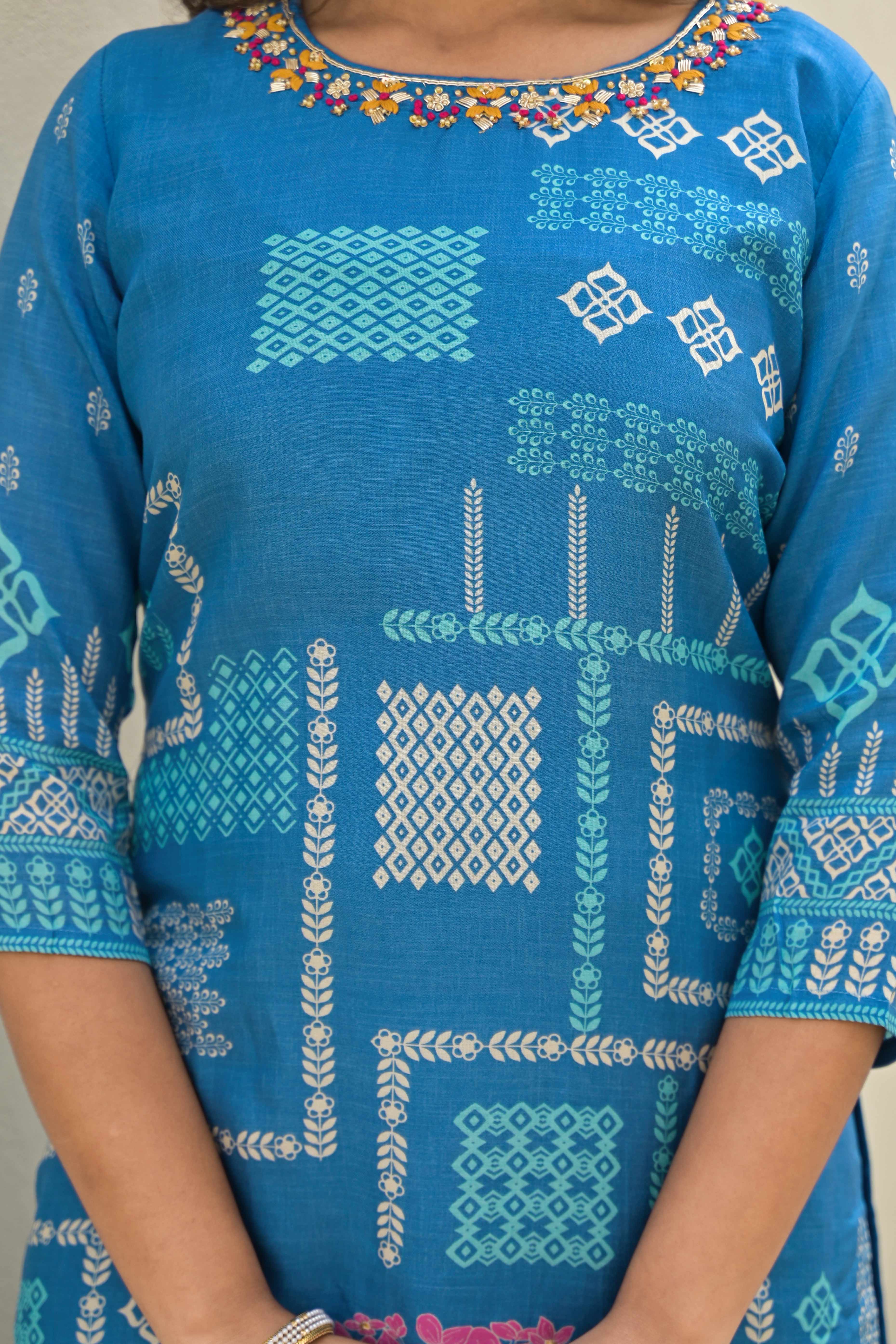 Blue Floral Printed Muslin Straight Salwar Suit