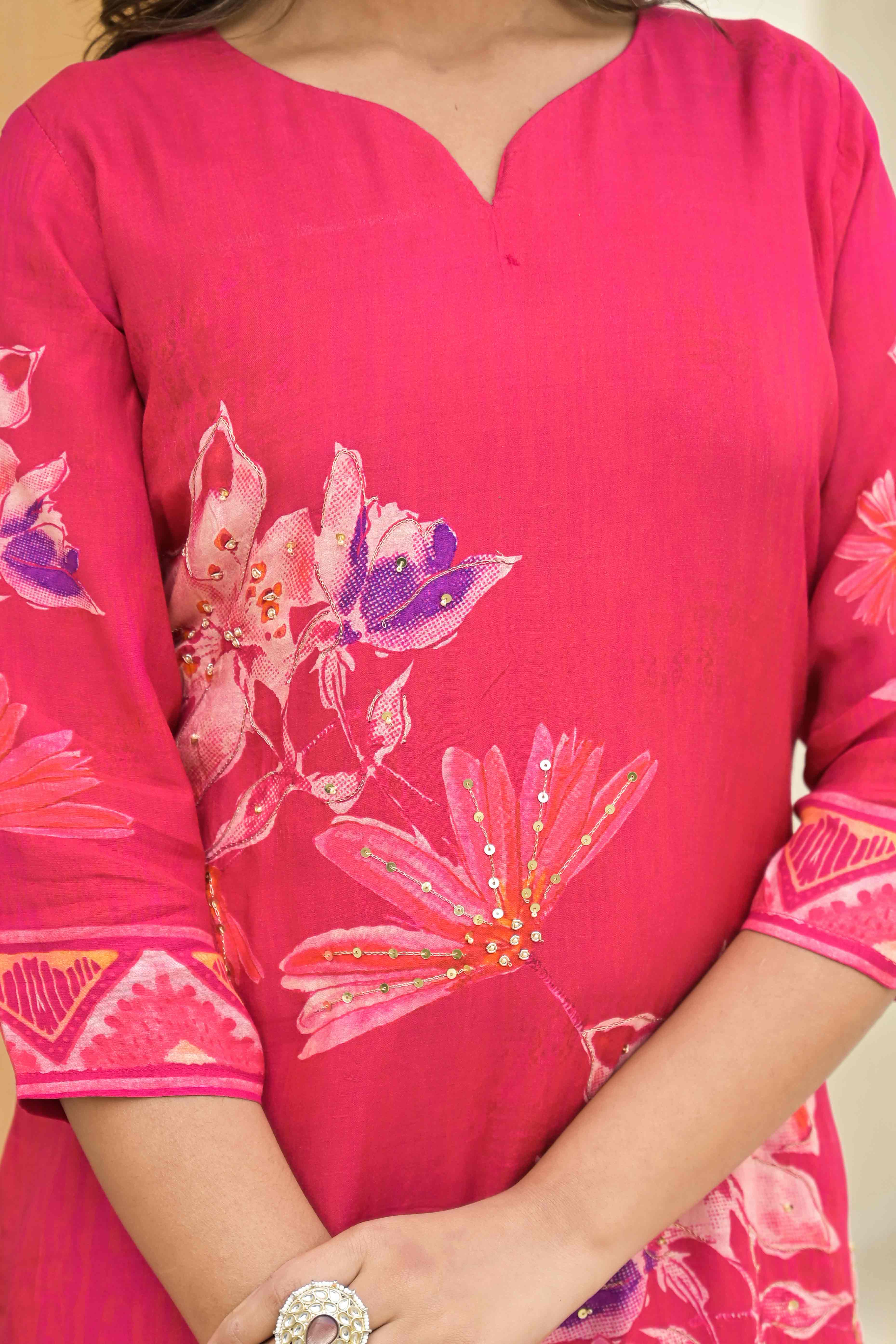 Pink Floral Printed Muslin Salwar Suit With Handwork