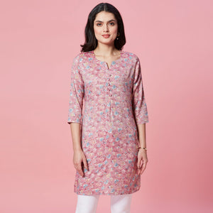 Mauve Floral Printed Pure Cotton Straight Kurti