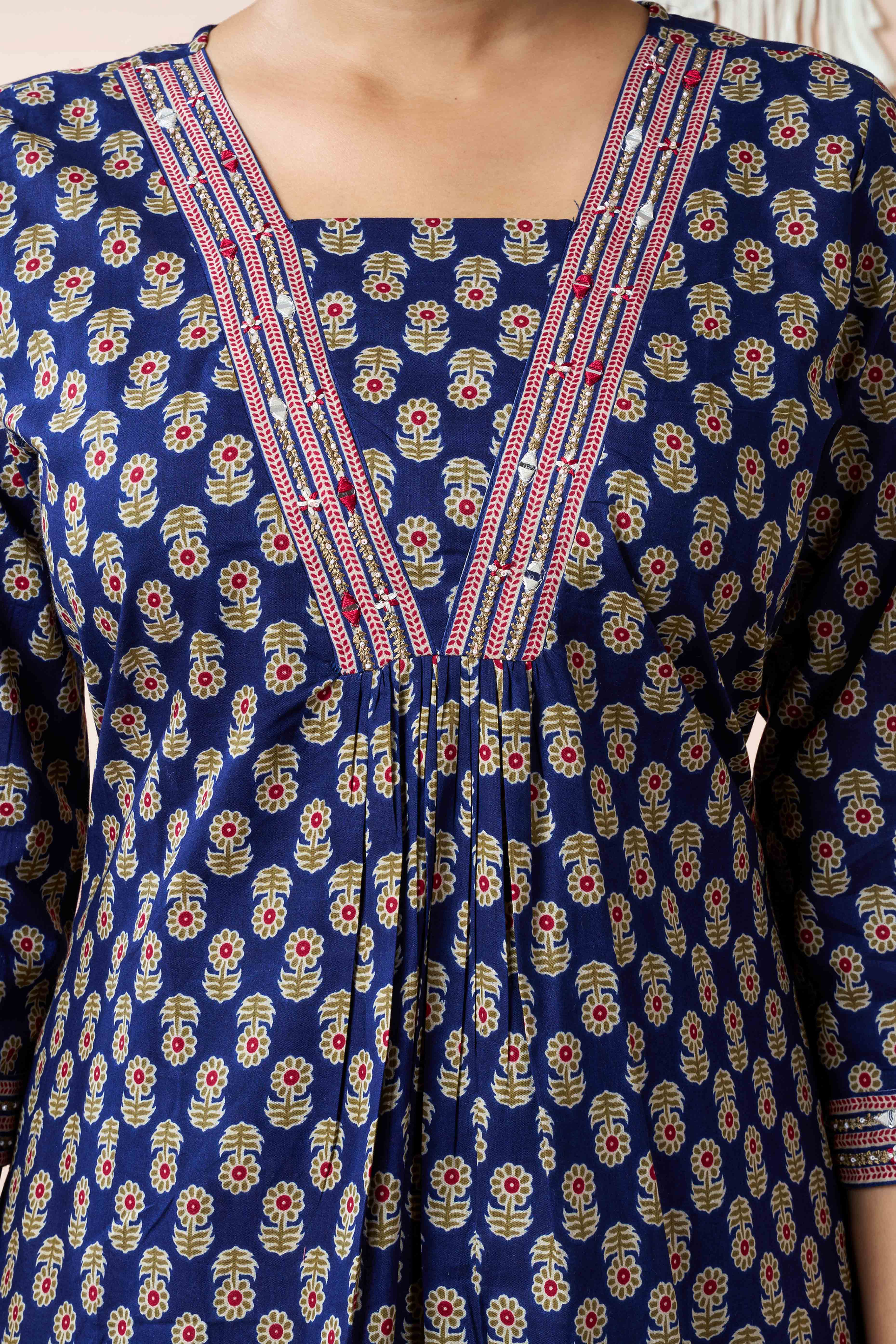 Navy Blue Floral Printed Pure Cotton A-Line Salwar Suit