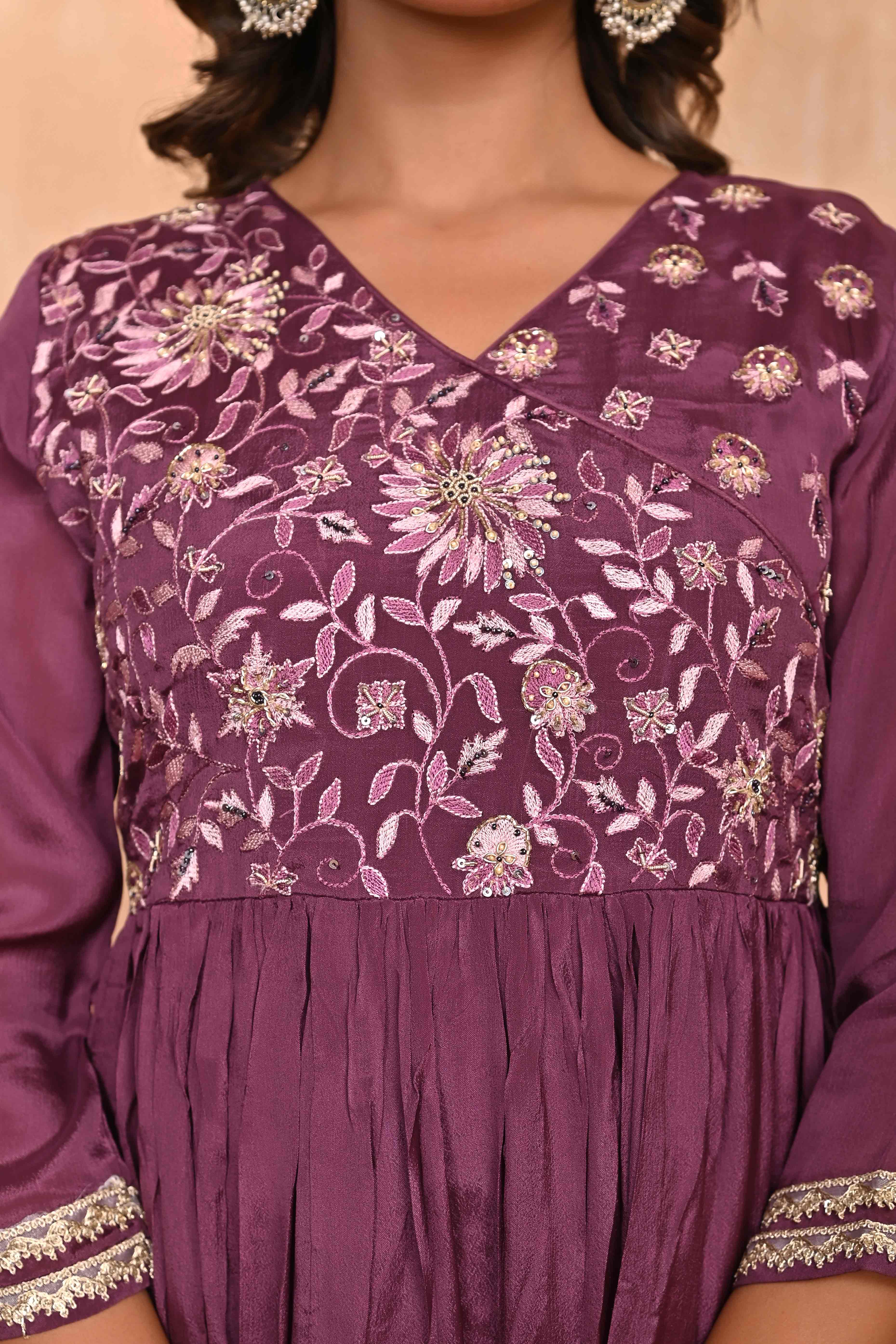 Plum Purple Chinon Anarkali with Floral Pattern & Hand-Beaded Embroidery