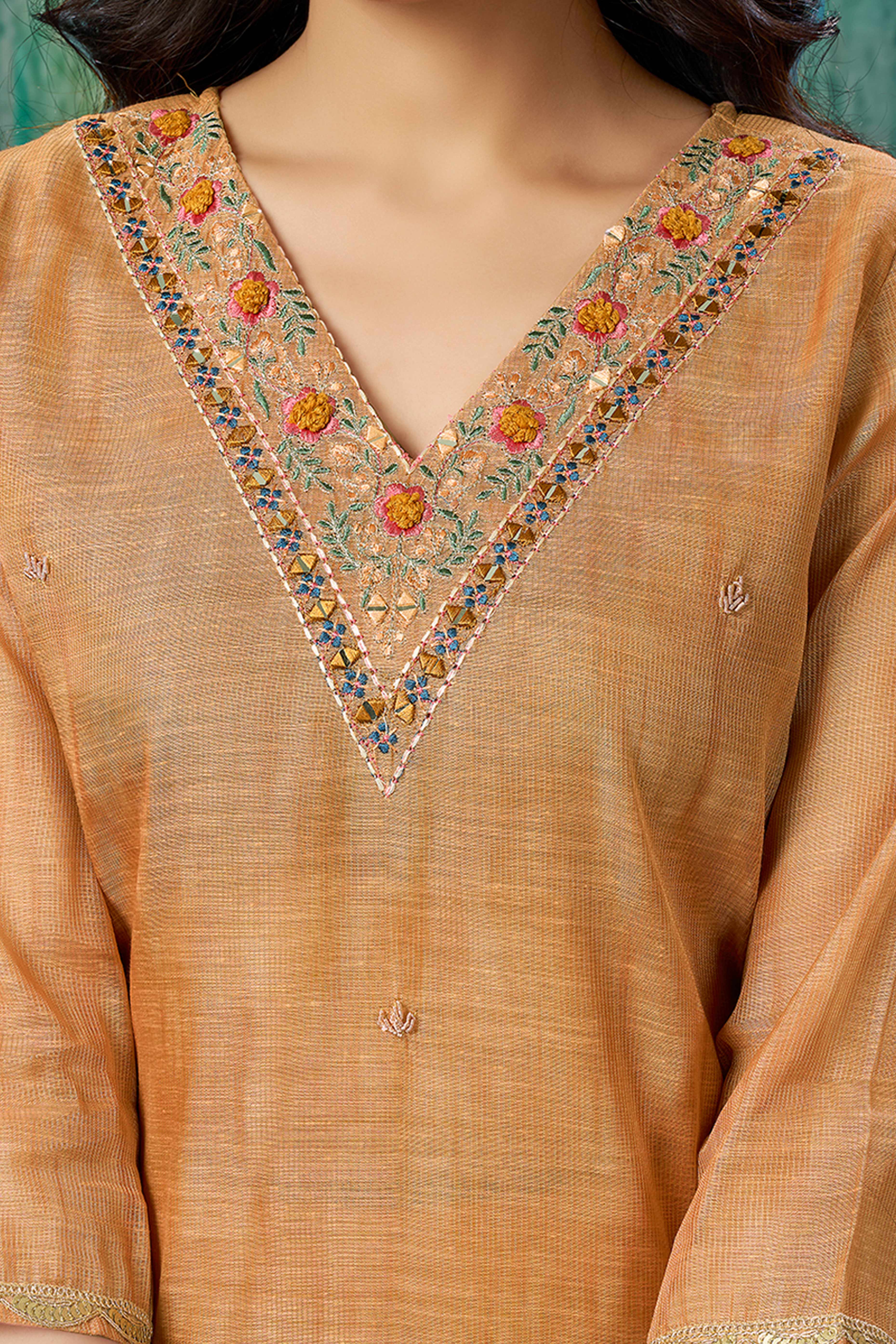 Orange Thread Work Embroidered Linen Straight Salwar Suit