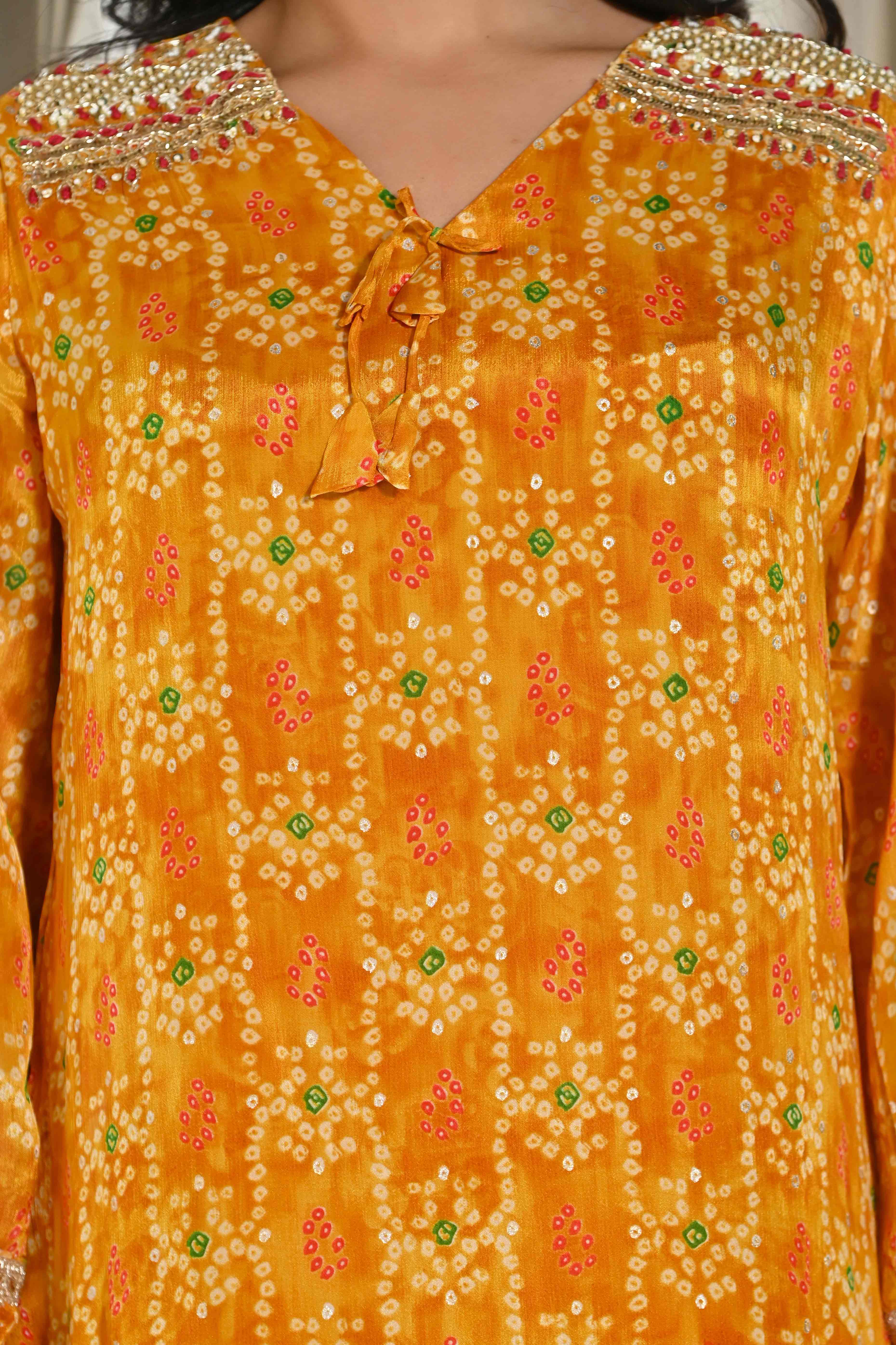 Mustard Bandhani Printed Chinon Co-Ord Set