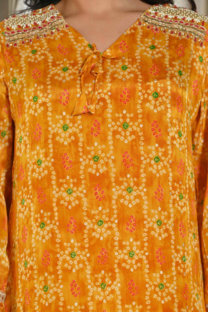 Mustard Bandhani Printed Chinon Co-Ord Set