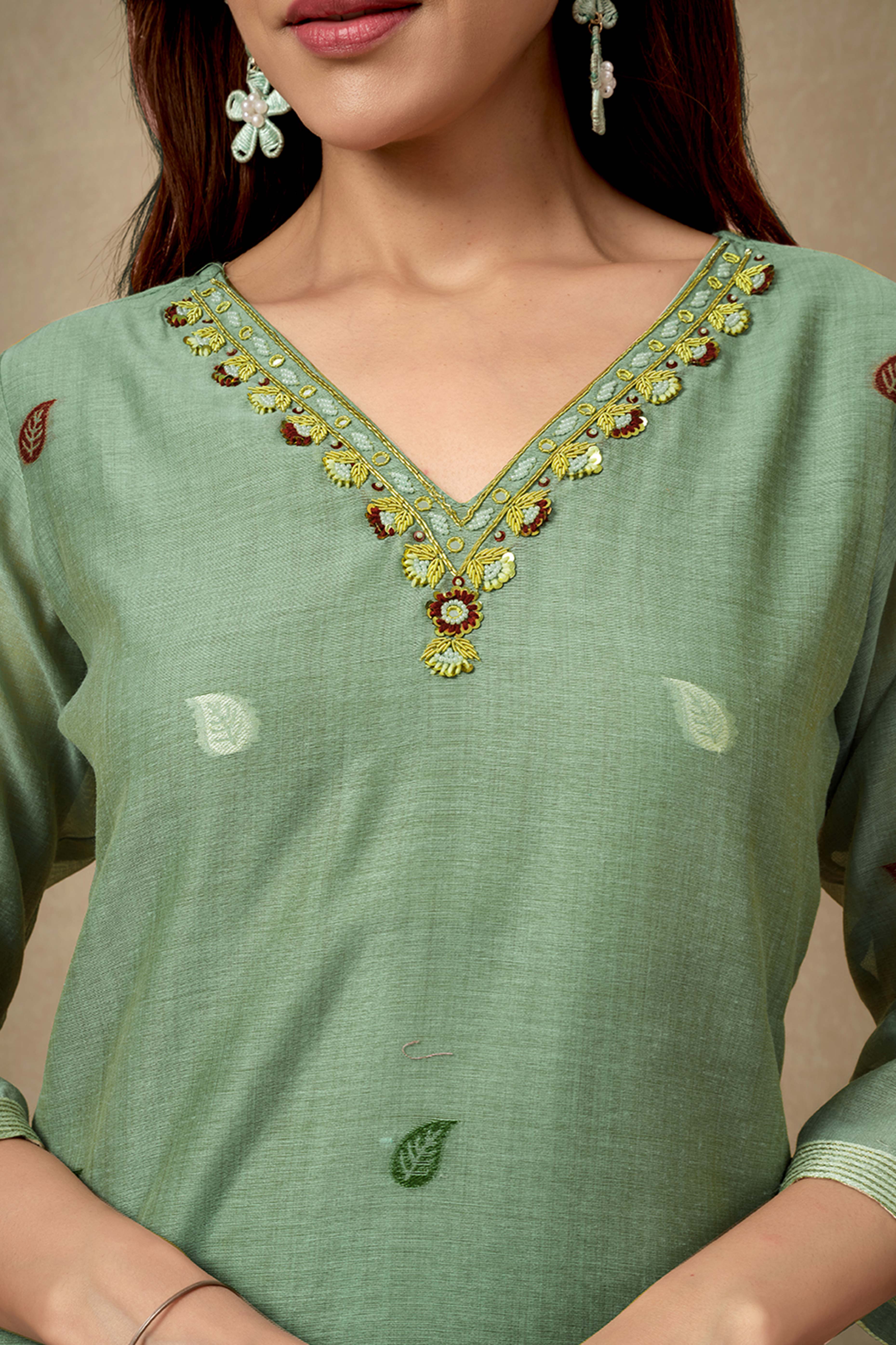 Light Green Hand-Embroidered Chanderi Jamdani Suit with Luxe Details
