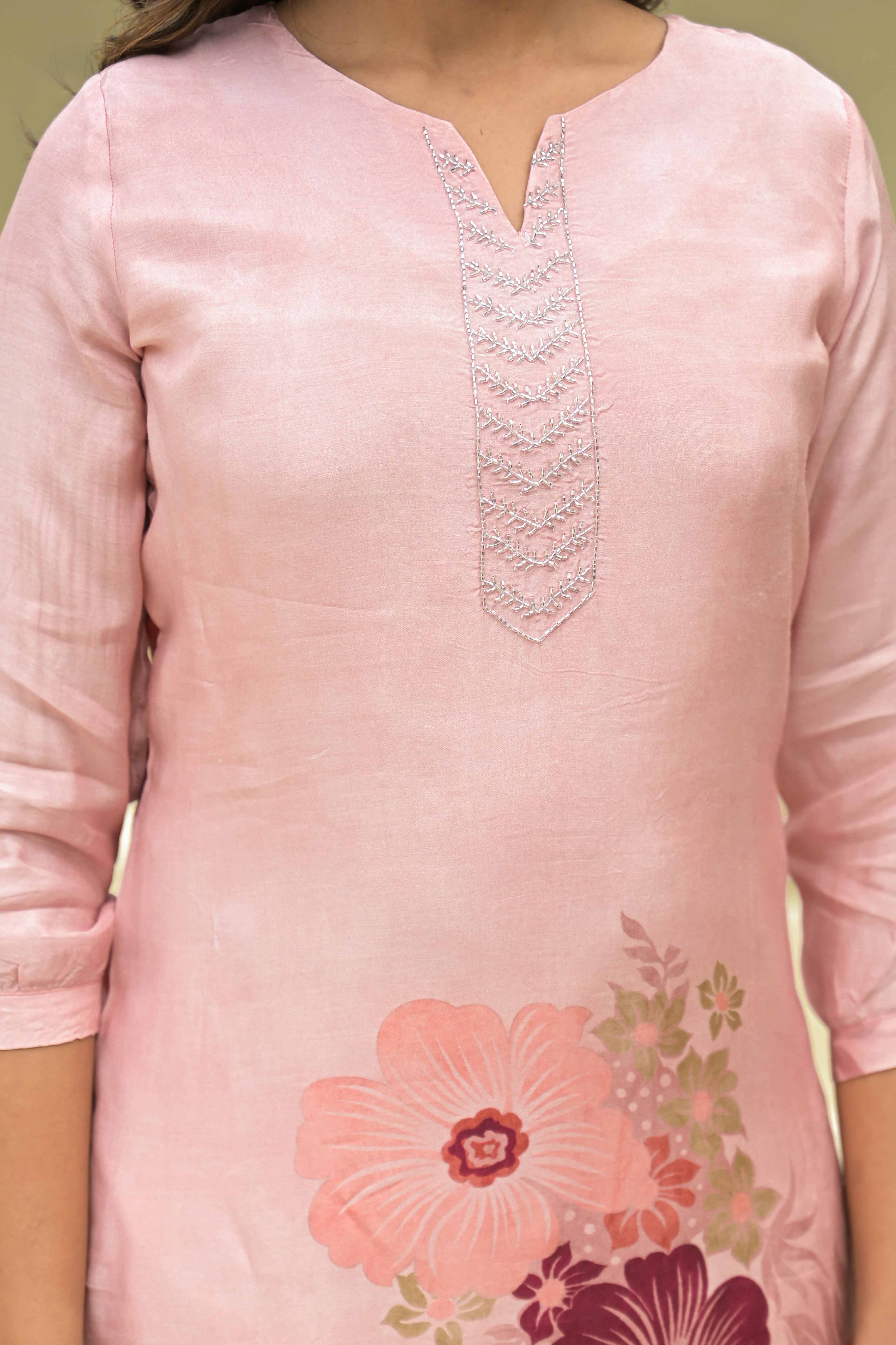 Blush Peach Floral Printed Muslin Straight Salwar Suit With Handwork