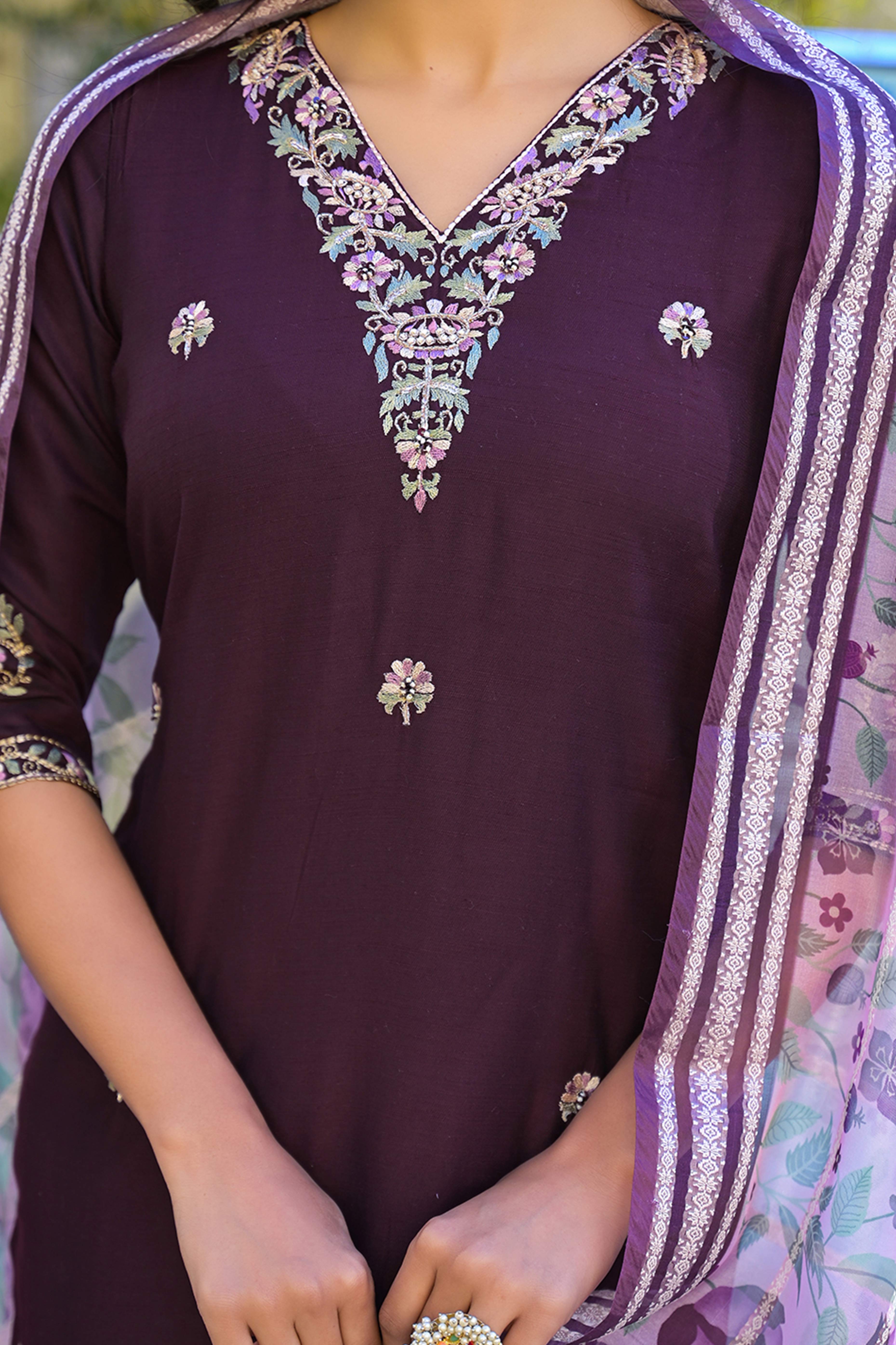 Wine Floral Embroidered Chanderi Straight Salwar Suit