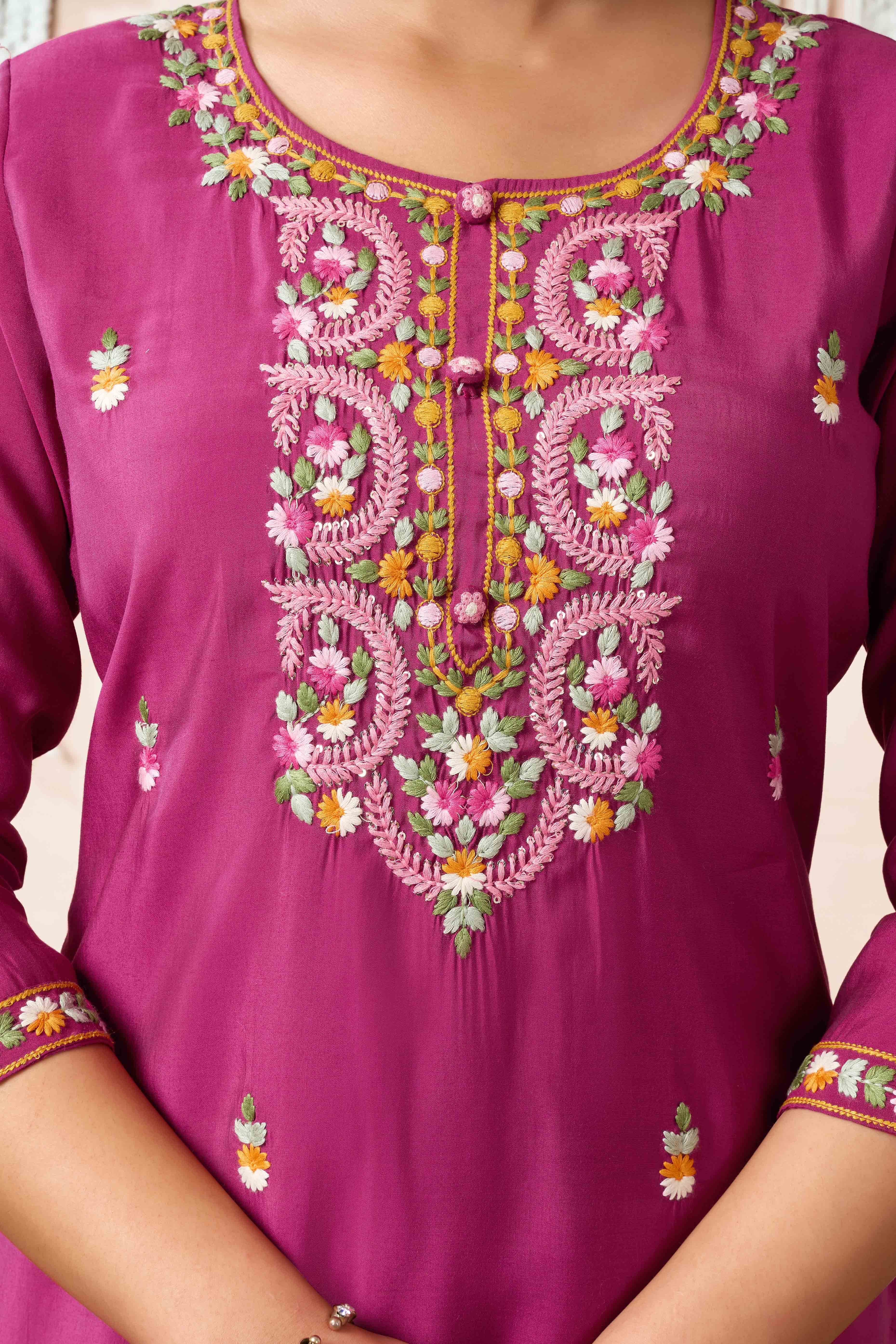 Burgundy Floral Embroidered Chanderi Silk Straight Salwar Suit