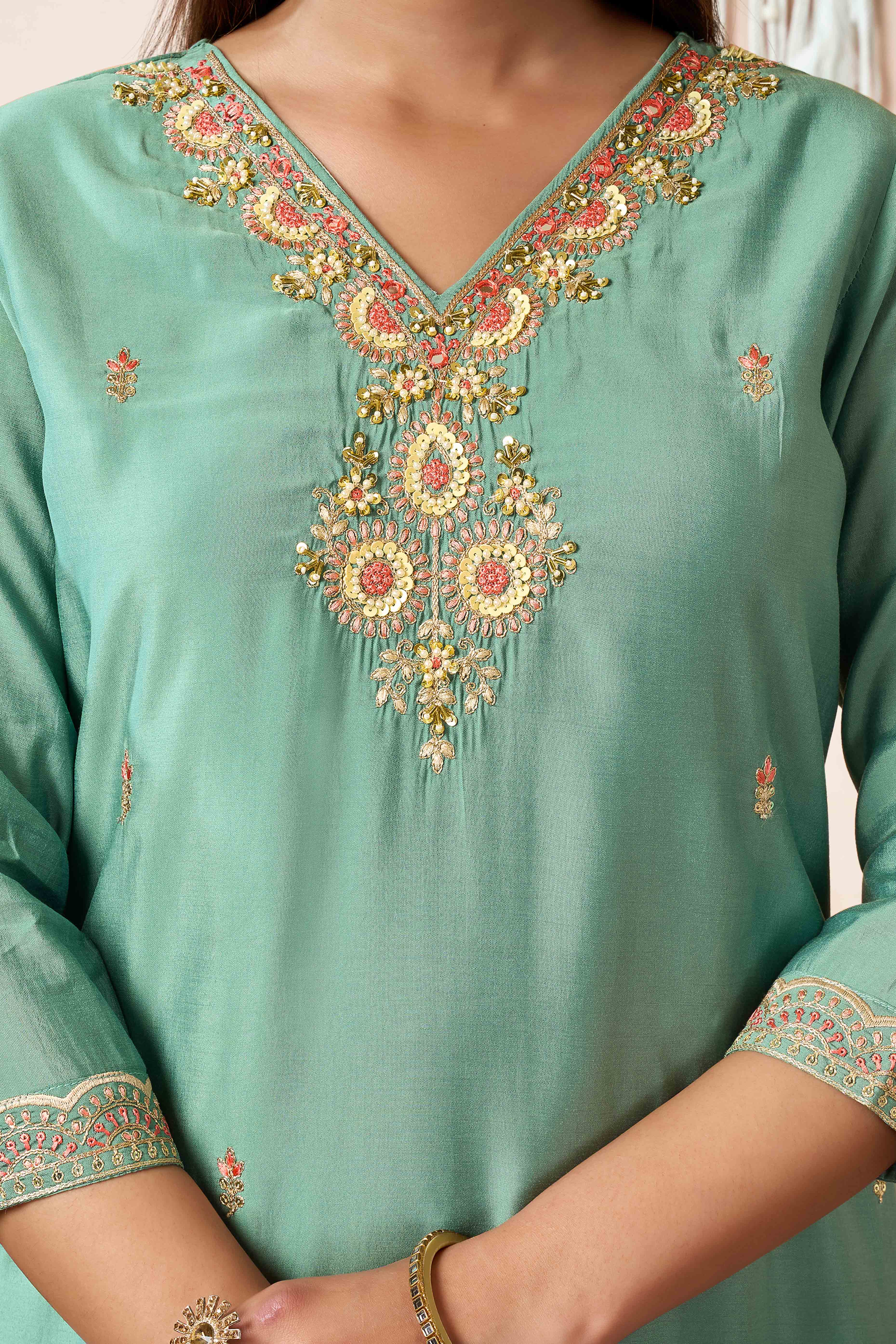 Sea Green Beads Embroidered Chanderi Silk Straight Salwar Suit