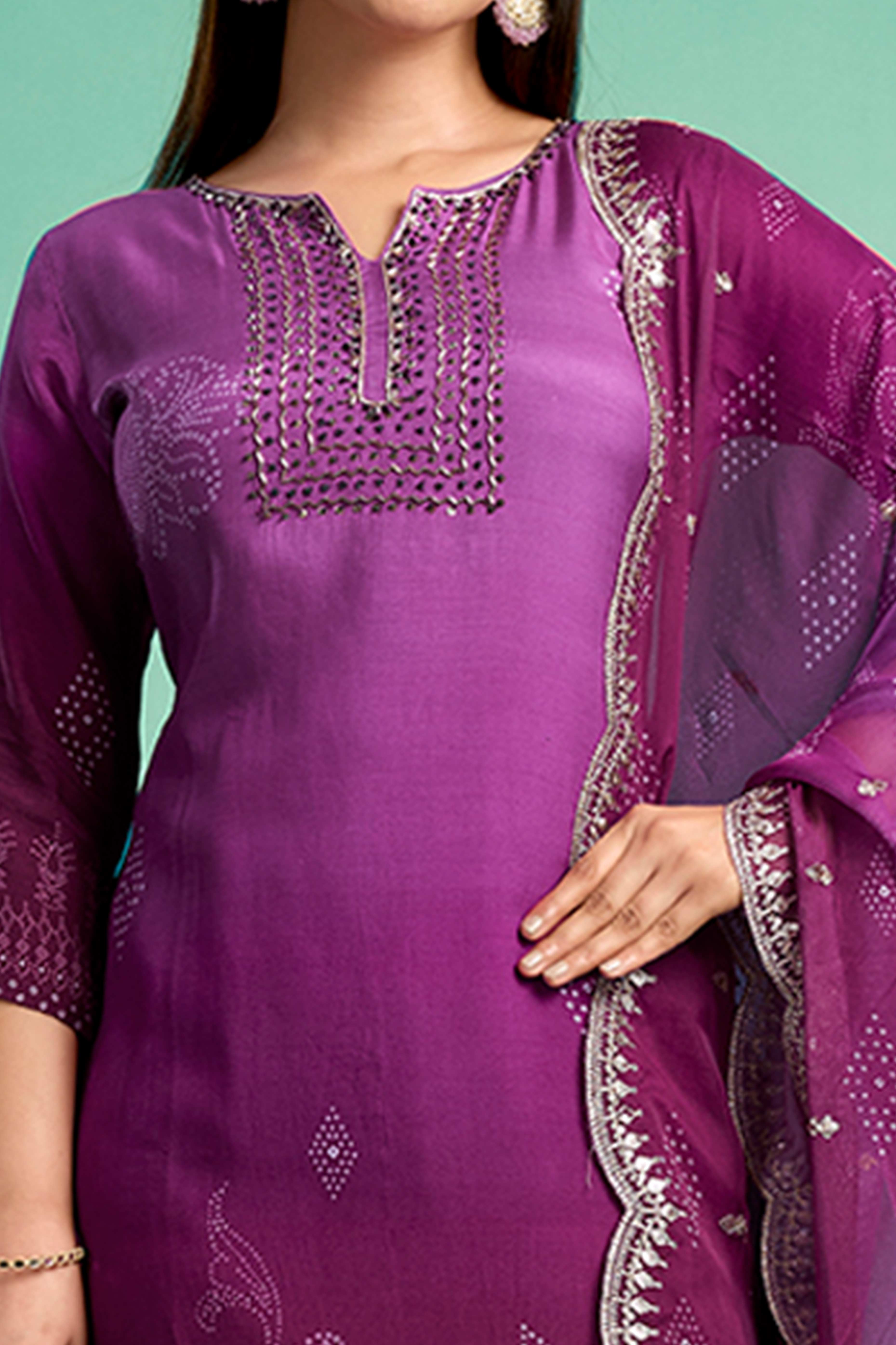 Purple Sequins Embroidered Muslin Straight Salwar Suit