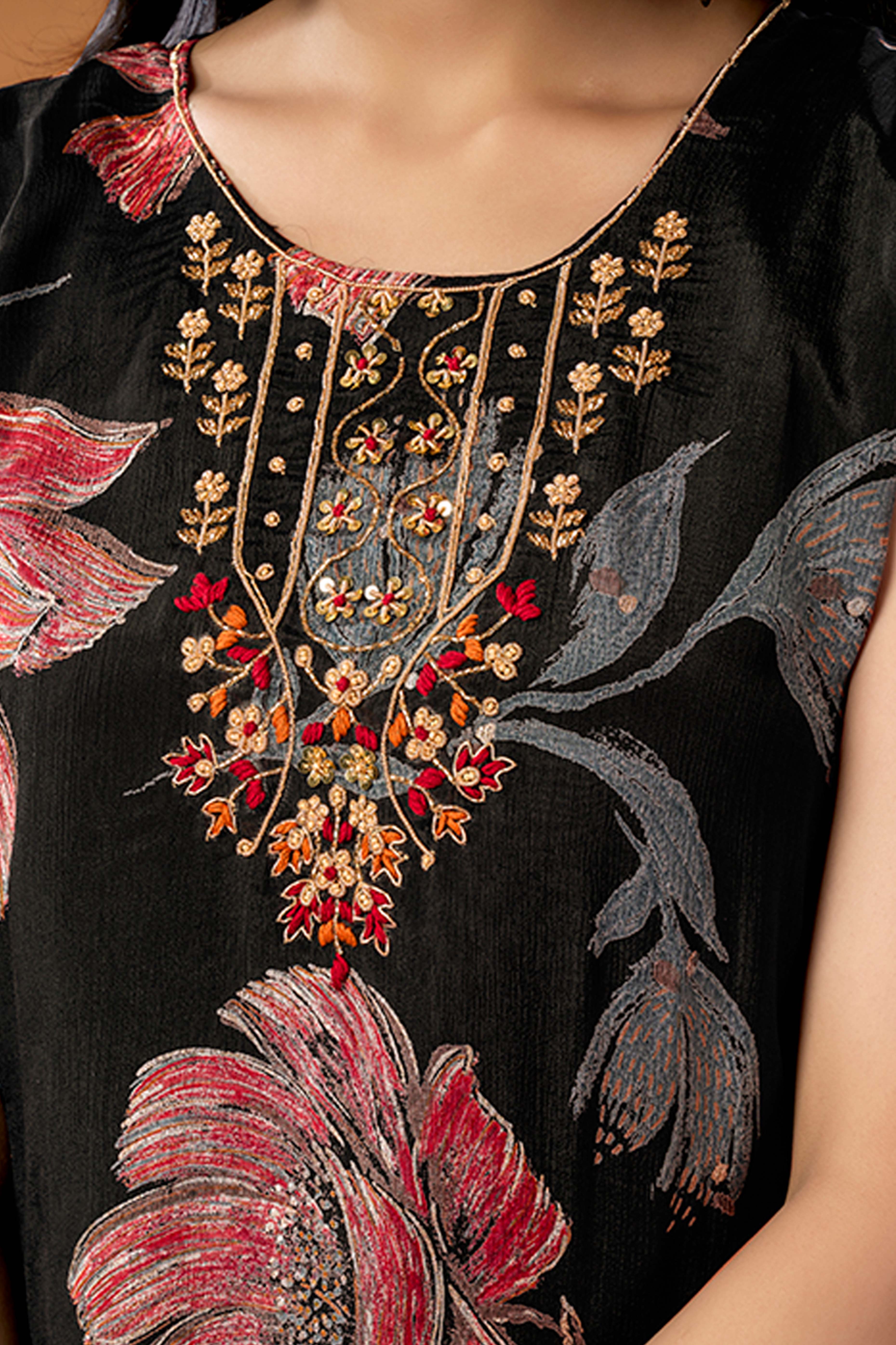 Black Floral Printed Beads Work Pure Chinon A-Line Salwar Suit