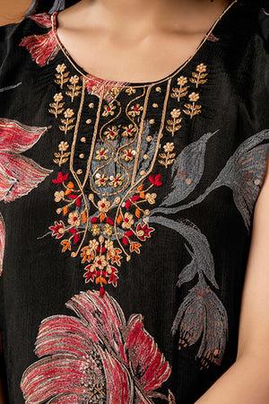 Black Floral Printed Beads Work Pure Chinon A-Line Salwar Suit