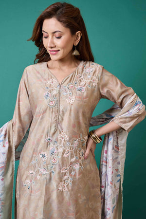 Light Olive Floral Embroidered Chanderi Silk Straight Salwar Suit