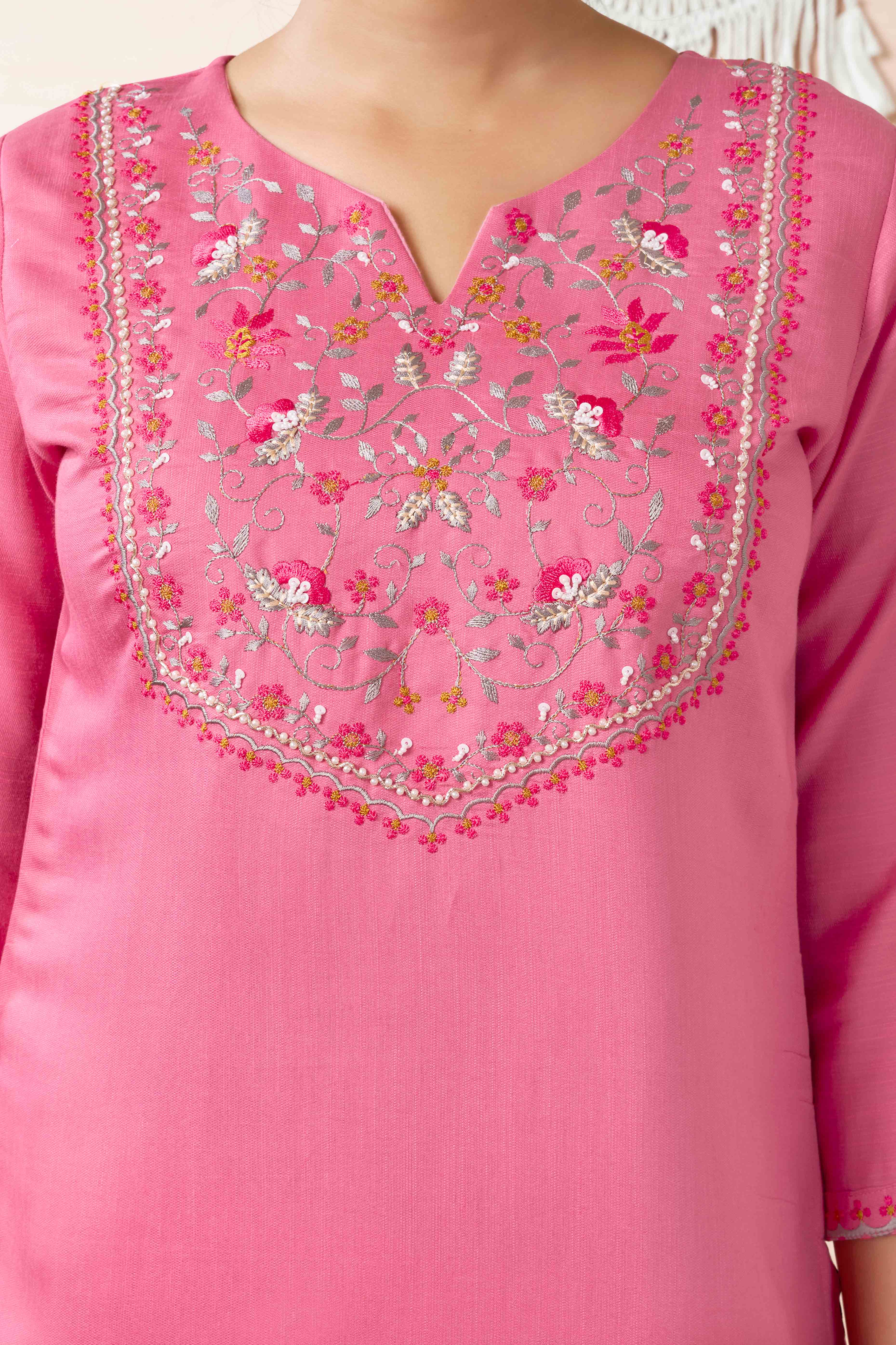 Pink Floral Embroidered Cotton Slub Straight Salwar Suit