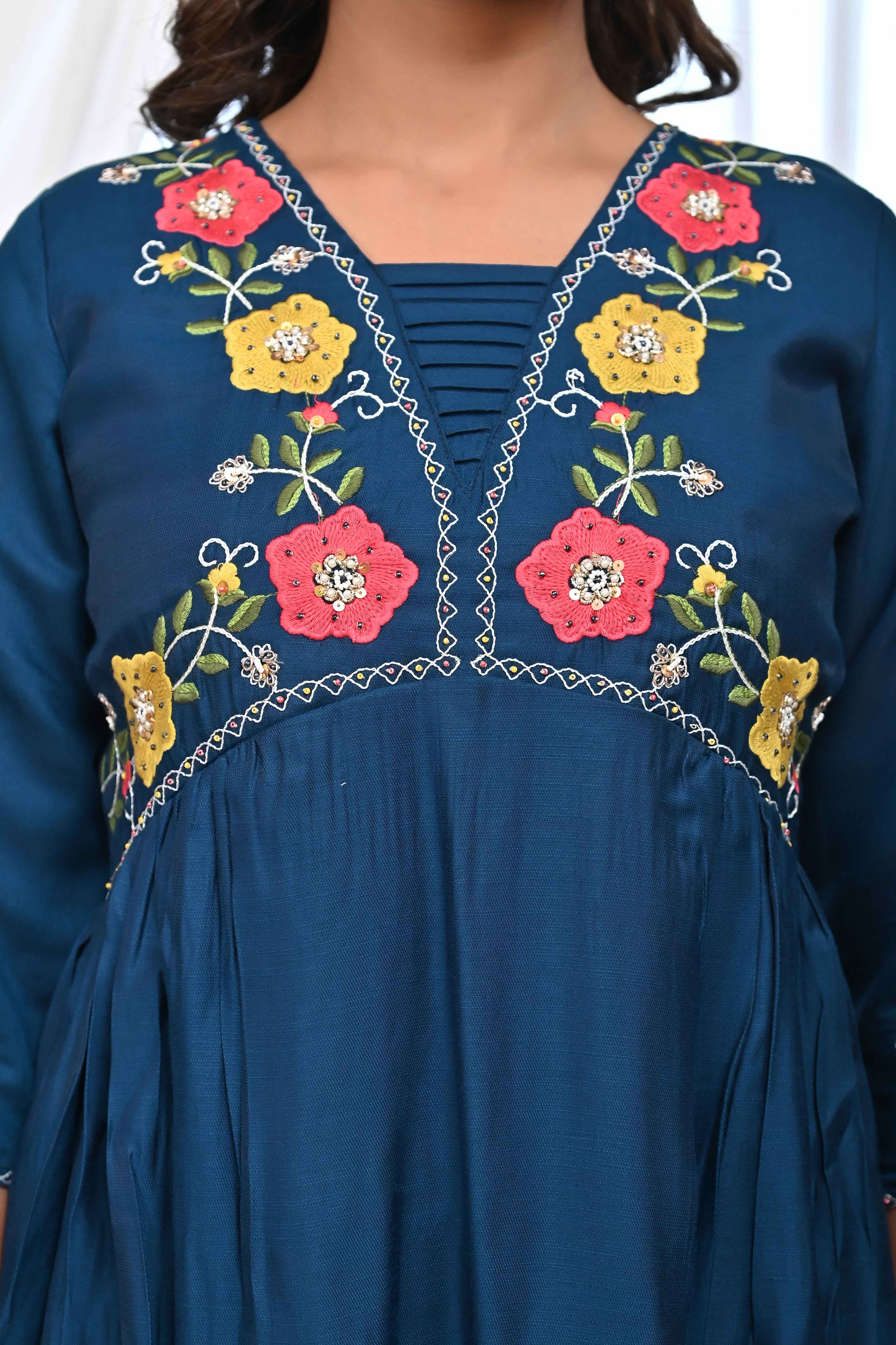 Blue Floral Embroidered A-Line Alia Cut Suit With Elegant Moti Handwork On Cotton Blend